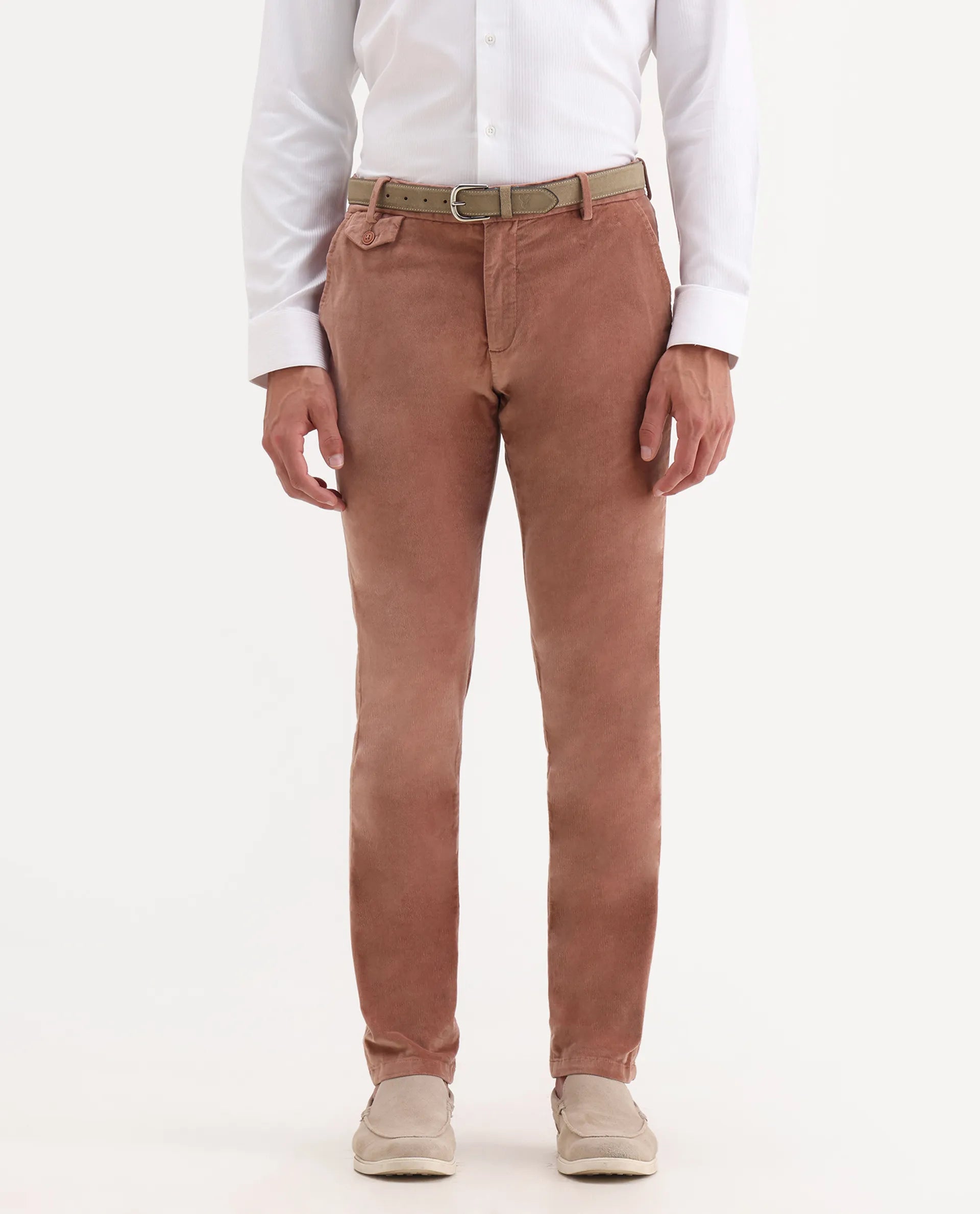 Rare Rabbit Men's Cloy Pink Velvet Plain Regular Fit Trouser