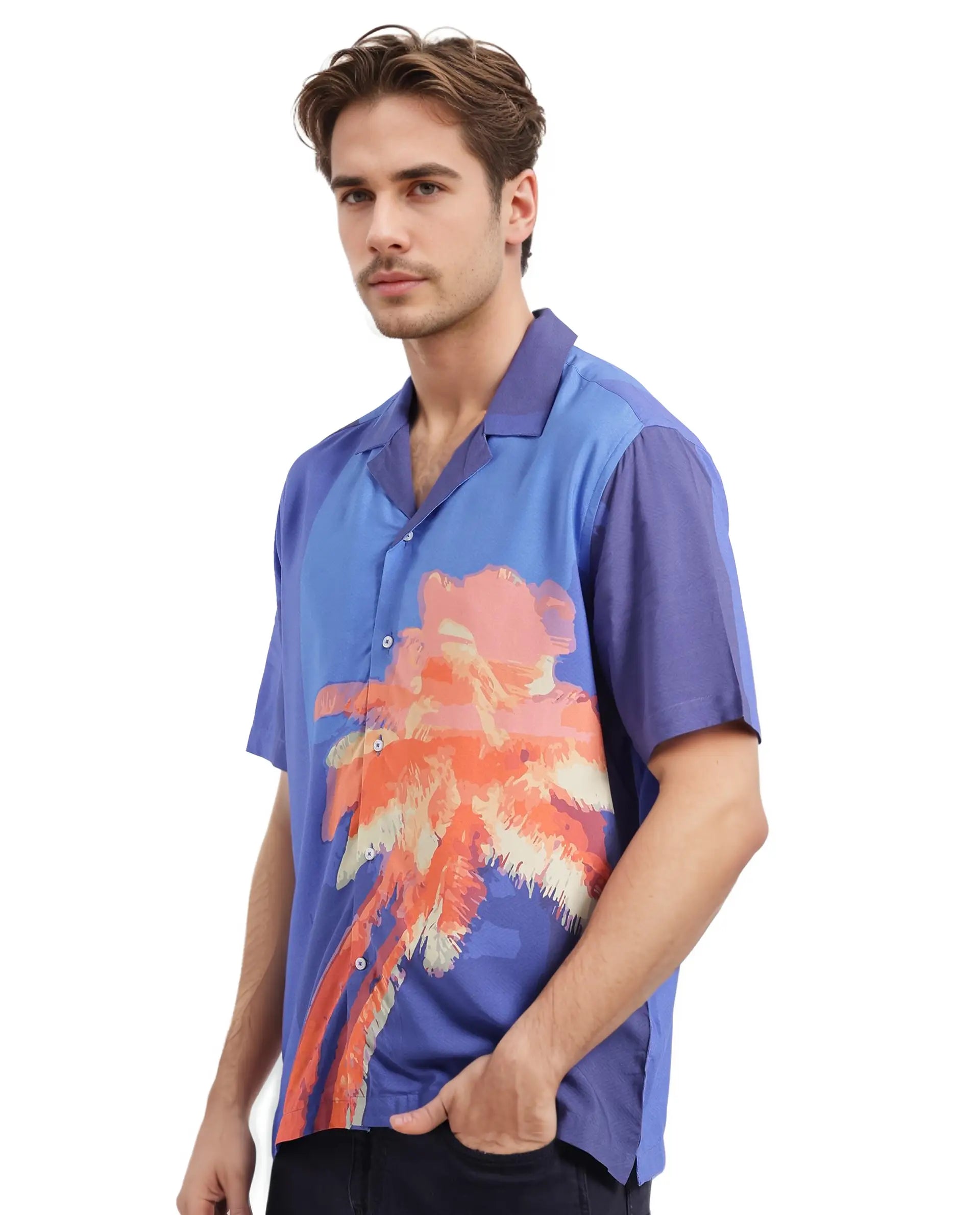 Rare Rabbit Men's Coca Dark Navy Short Sleeve Cuban Collared Tropical Print Shirt