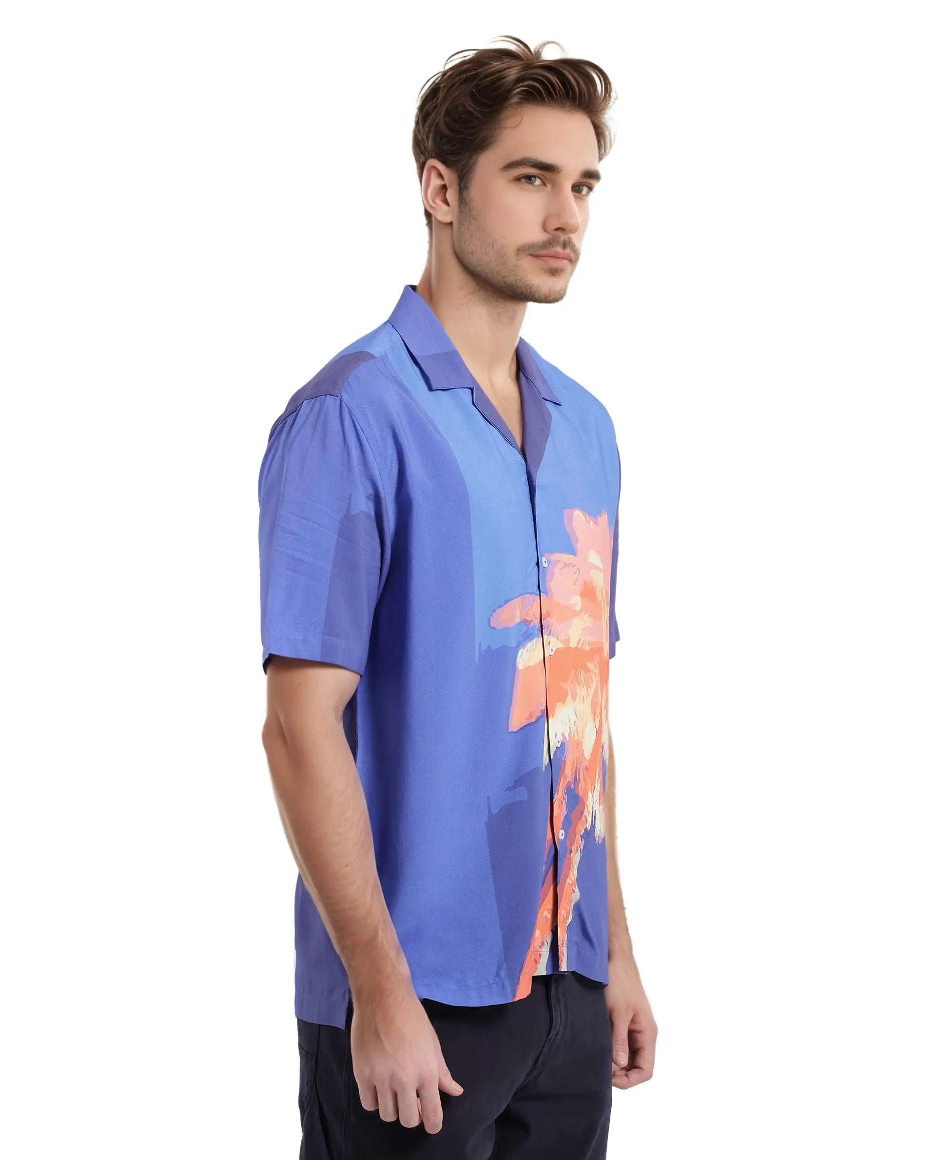 Rare Rabbit Men's Coca Dark Navy Short Sleeve Cuban Collared Tropical Print Shirt