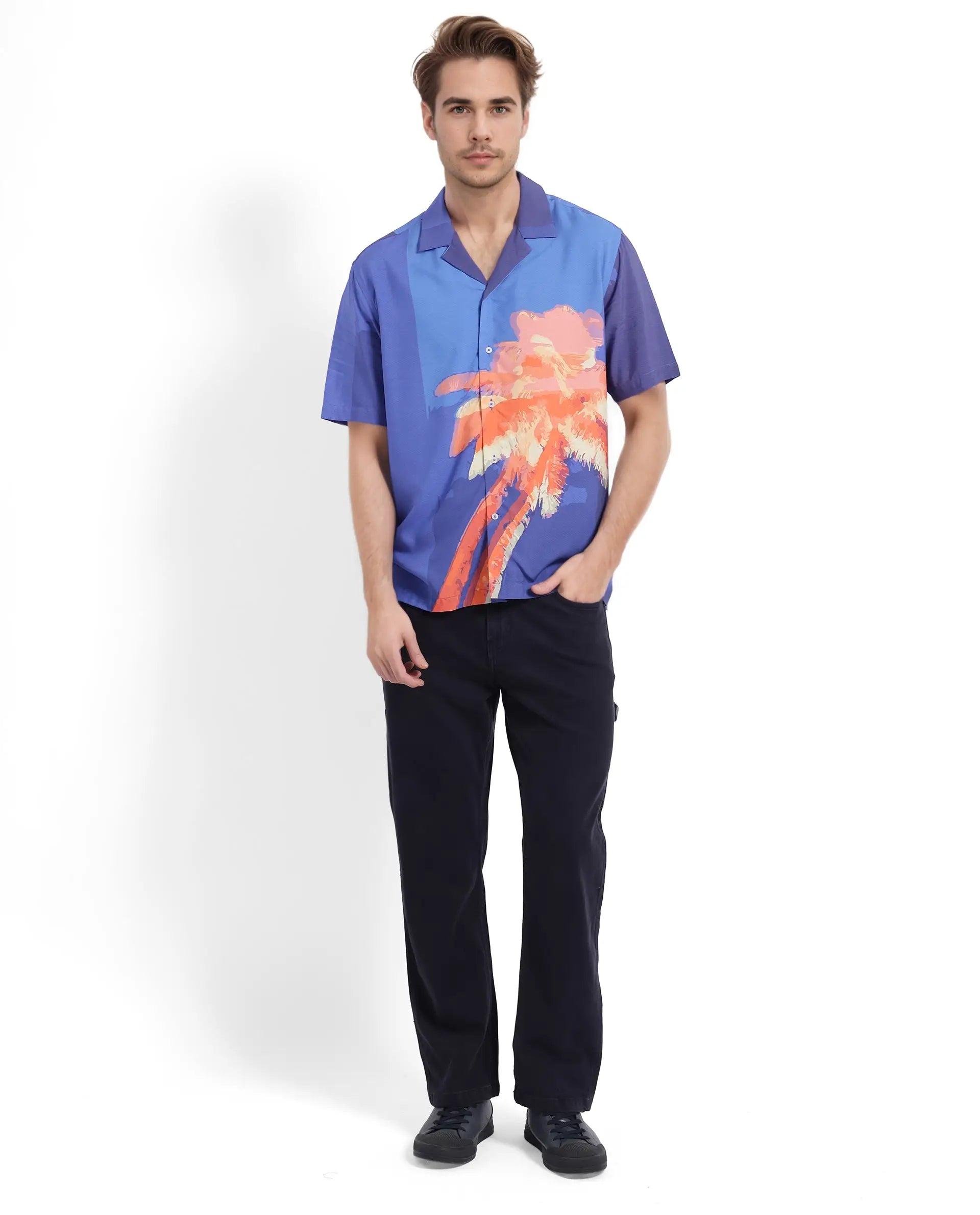 Rare Rabbit Men's Coca Dark Navy Short Sleeve Cuban Collared Tropical Print Shirt