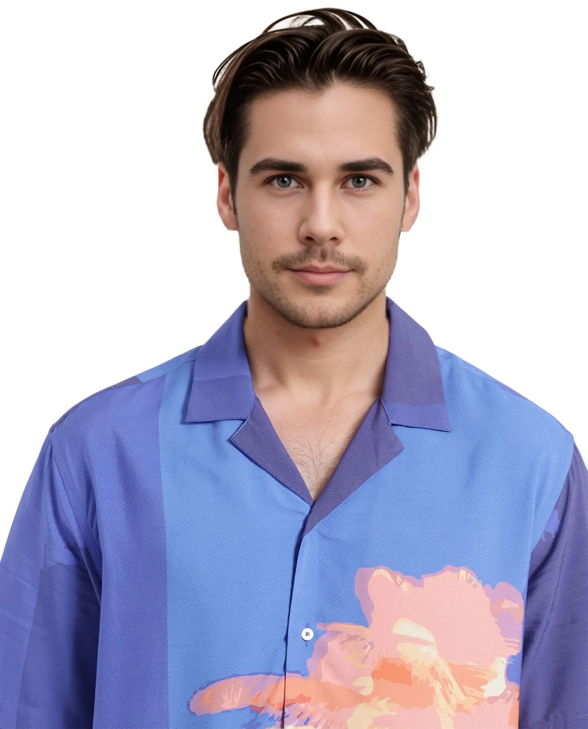 Rare Rabbit Men's Coca Dark Navy Short Sleeve Cuban Collared Tropical Print Shirt