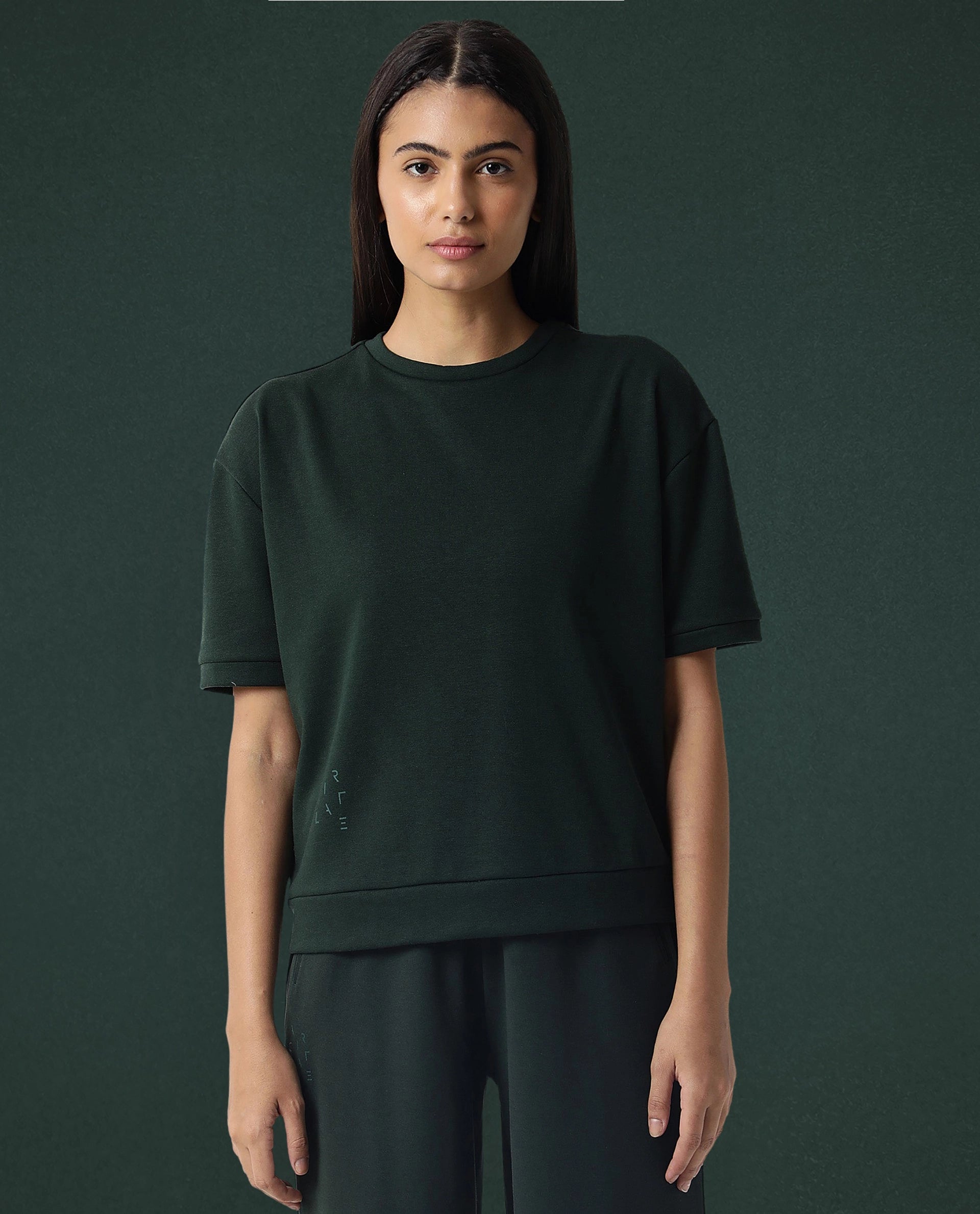 Rareism Women Coco Dark Green Cotton Fabric Half Sleeves Relaxed Fit Solid Round Neck Sweat Tee