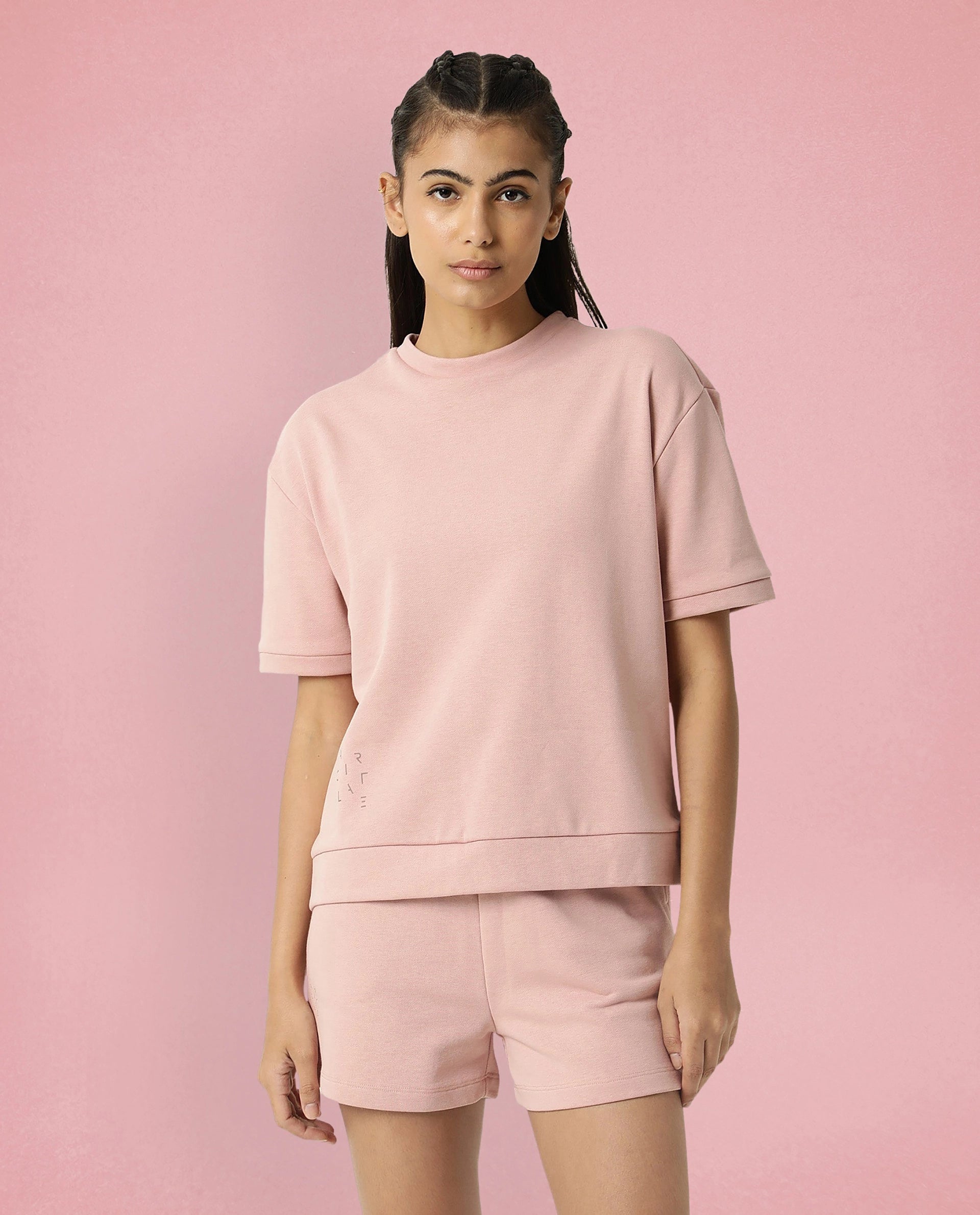 Rareism Women Coco Dusky Pink Cotton Fabric Half Sleeves Relaxed Fit Solid Round Neck Sweat Tee