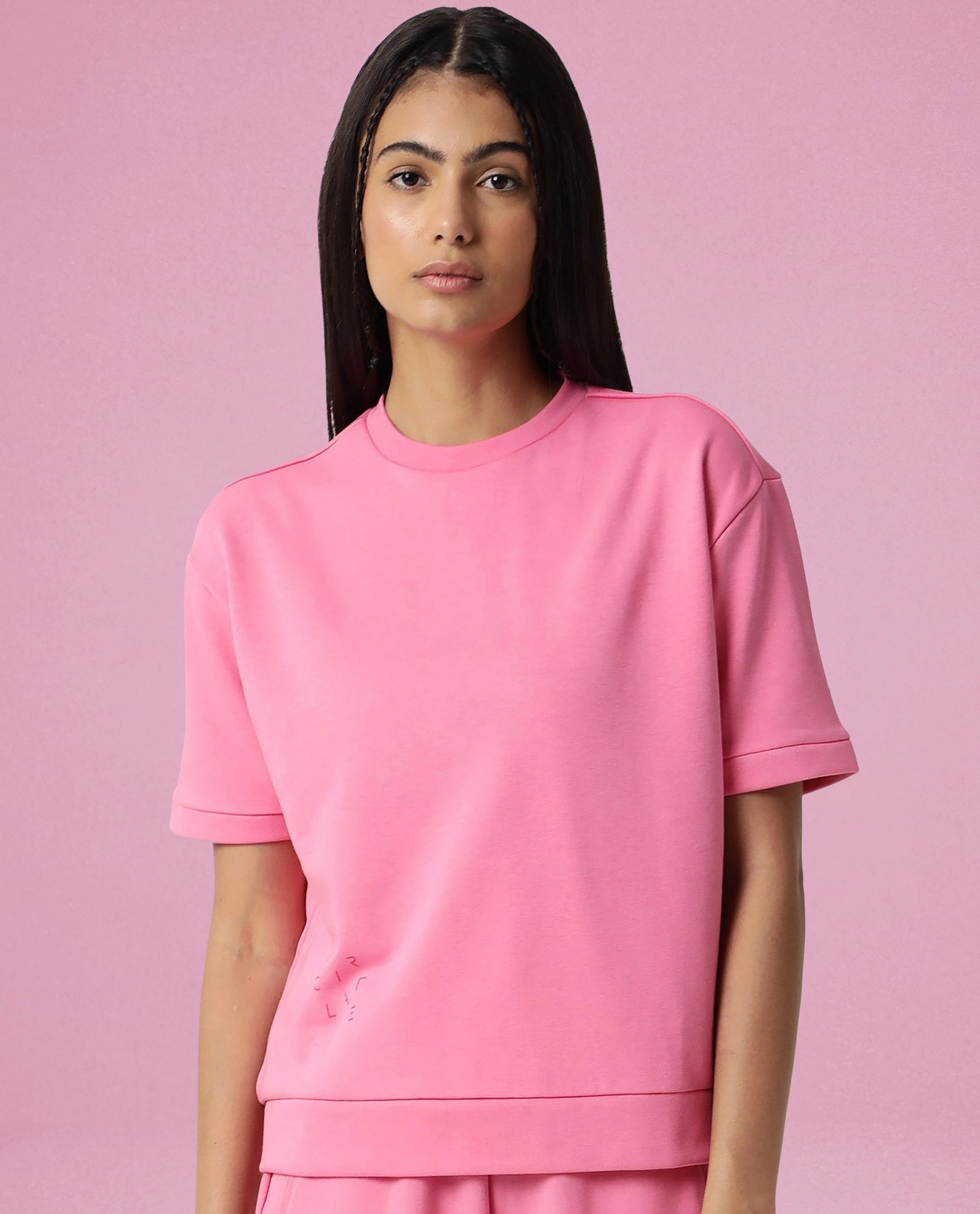 Rareism Women Coco Flouroscent Pink Cotton Fabric Half Sleeves Relaxed Fit Solid Round Neck Sweat Tee
