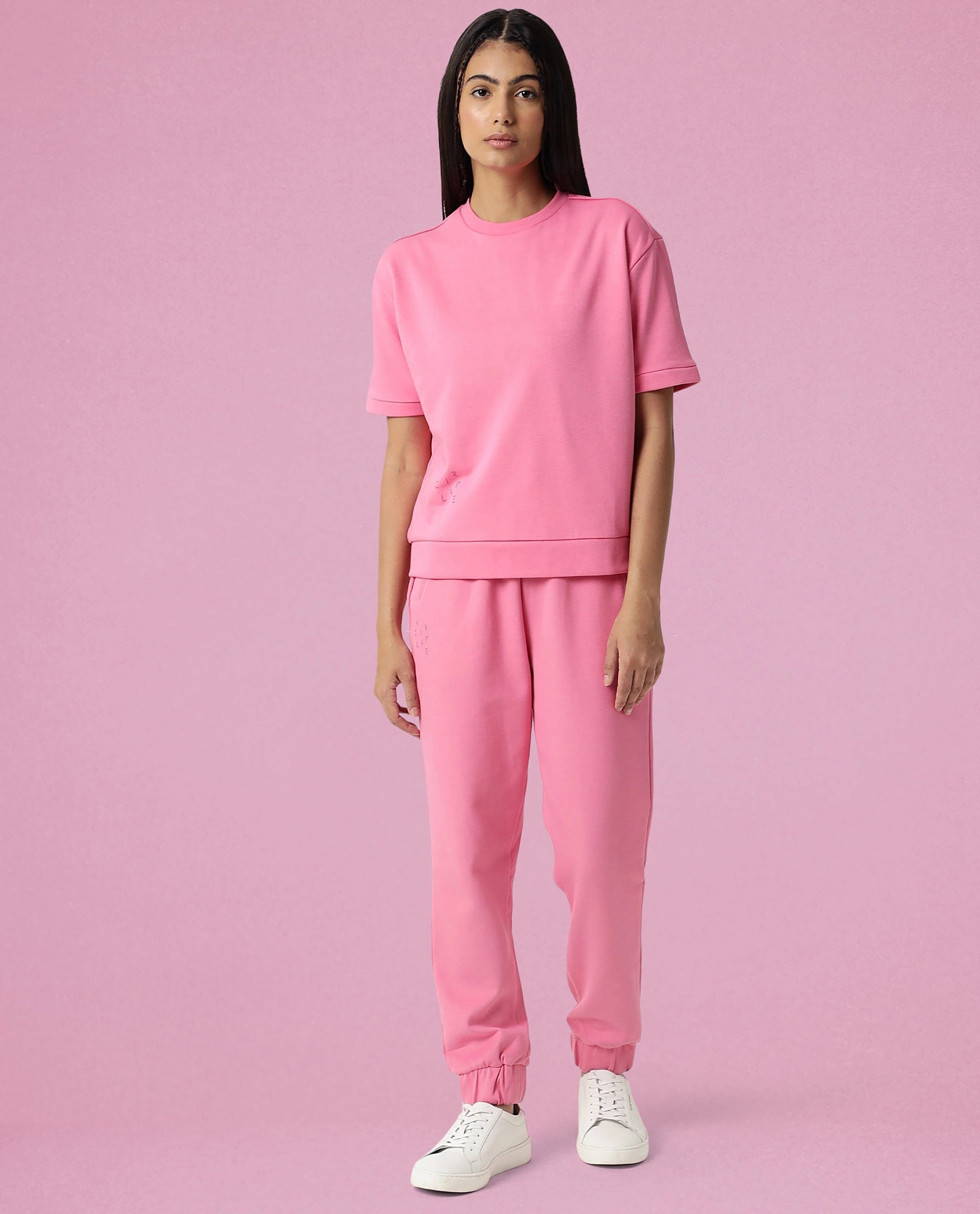 Rareism Women Coco Flouroscent Pink Cotton Fabric Half Sleeves Relaxed Fit Solid Round Neck Sweat Tee