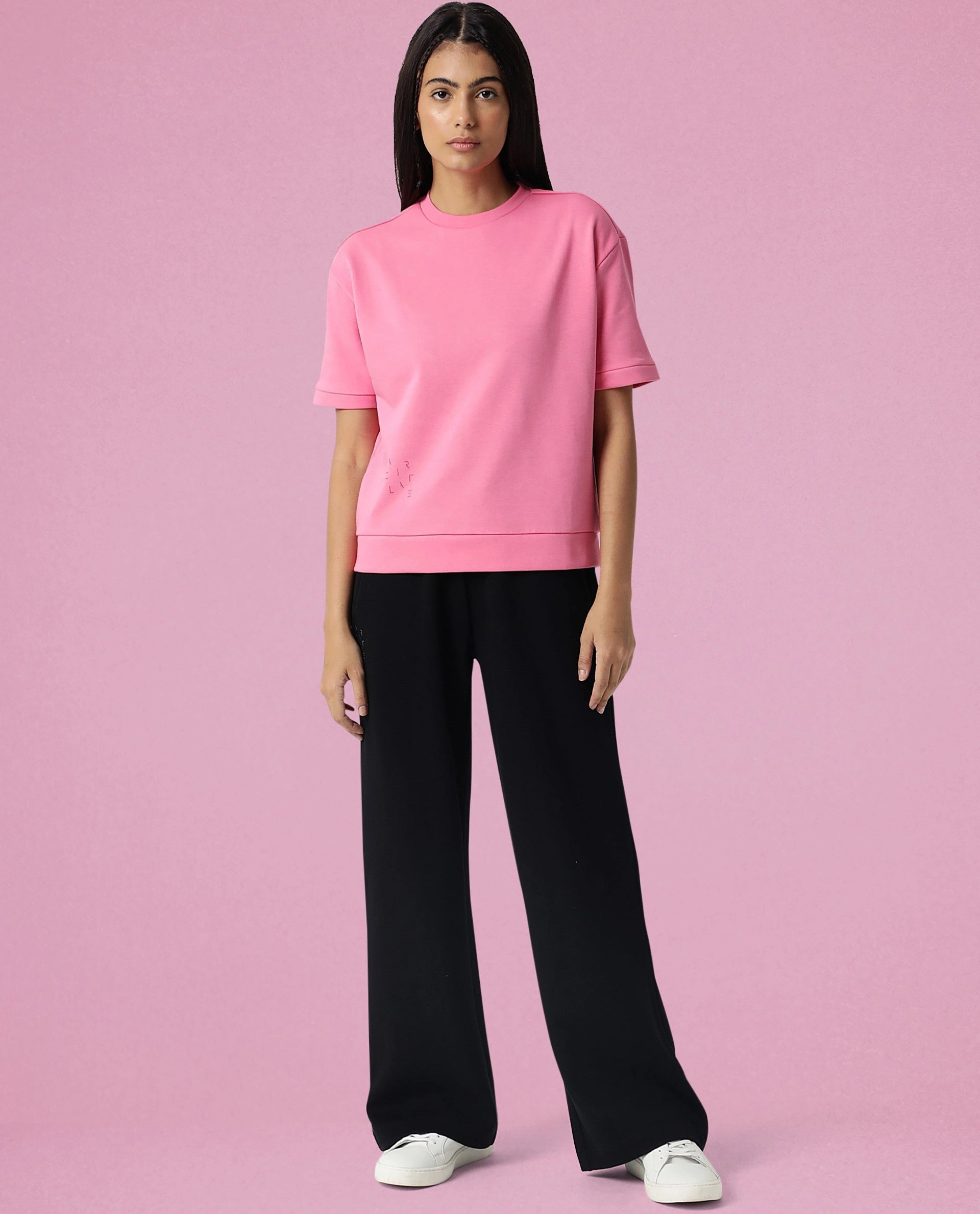 Rareism Women Coco Flouroscent Pink Cotton Fabric Half Sleeves Relaxed Fit Solid Round Neck Sweat Tee