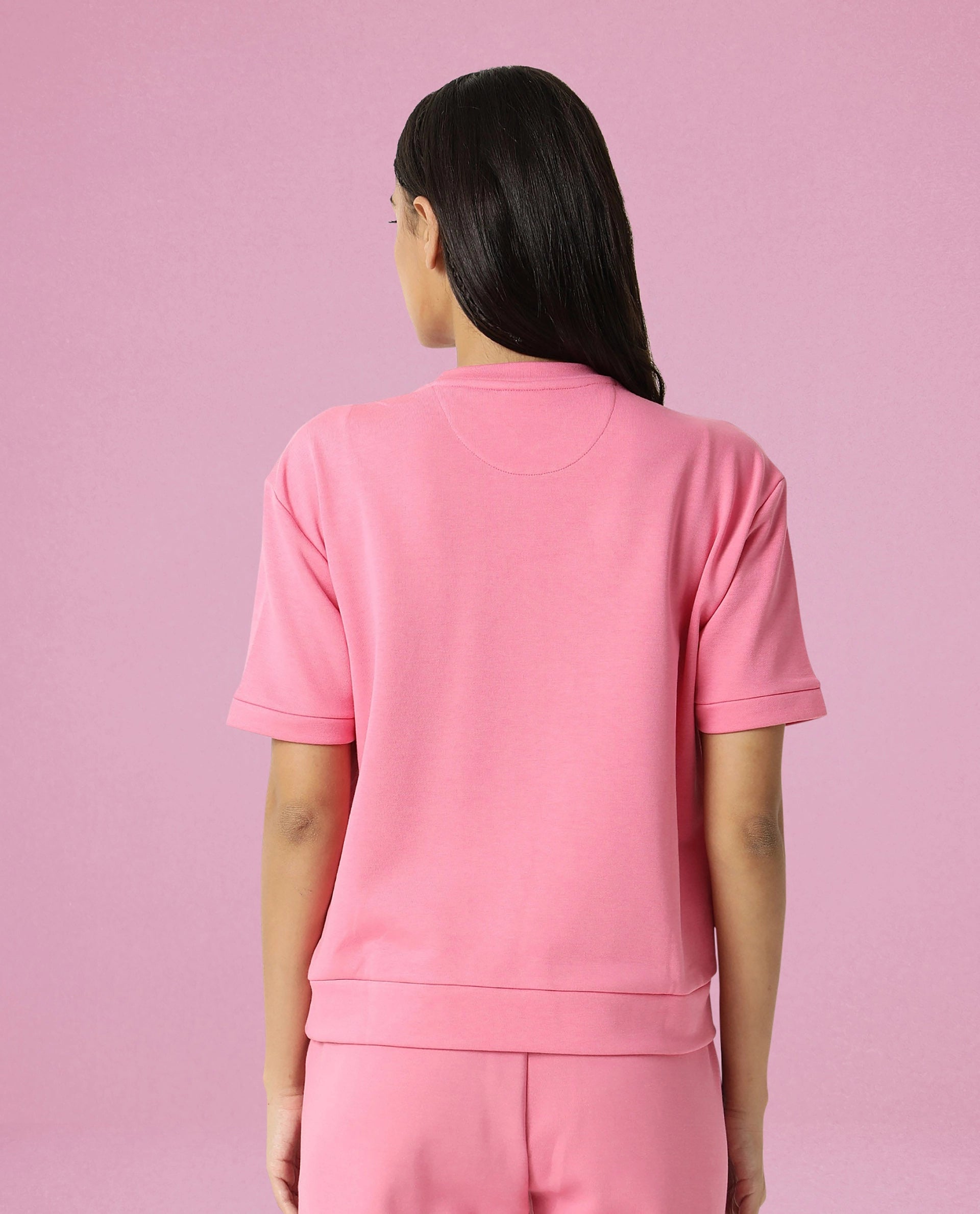 Rareism Women Coco Flouroscent Pink Cotton Fabric Half Sleeves Relaxed Fit Solid Round Neck Sweat Tee