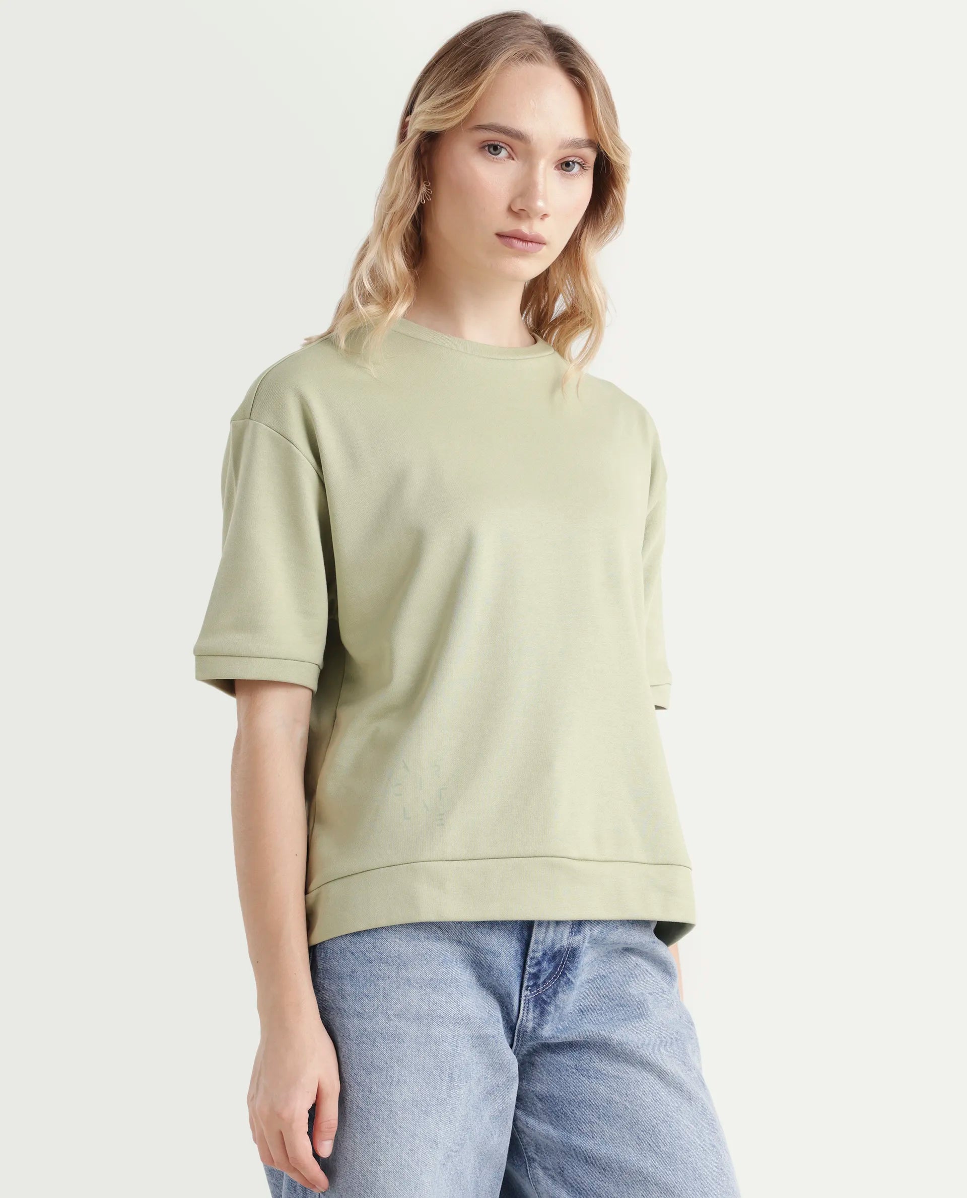 Rareism Women's Medium Weight Terry 290 Gsm Cotton Crew Neck Plain Relaxed Fit Sweat Tee