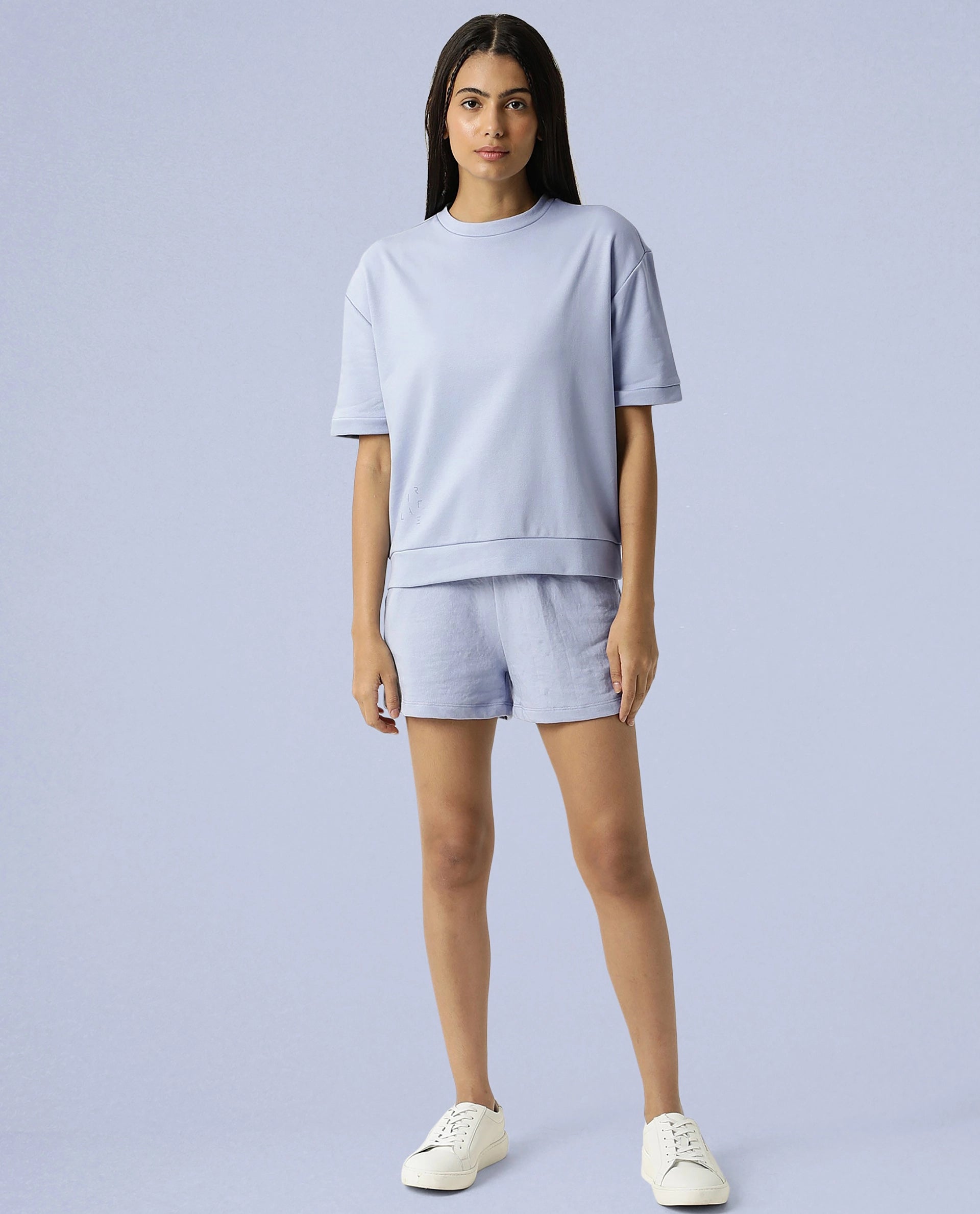 Rareism Women Coco Light Blue Cotton Fabric Half Sleeves Relaxed Fit Solid Round Neck Sweat Tee