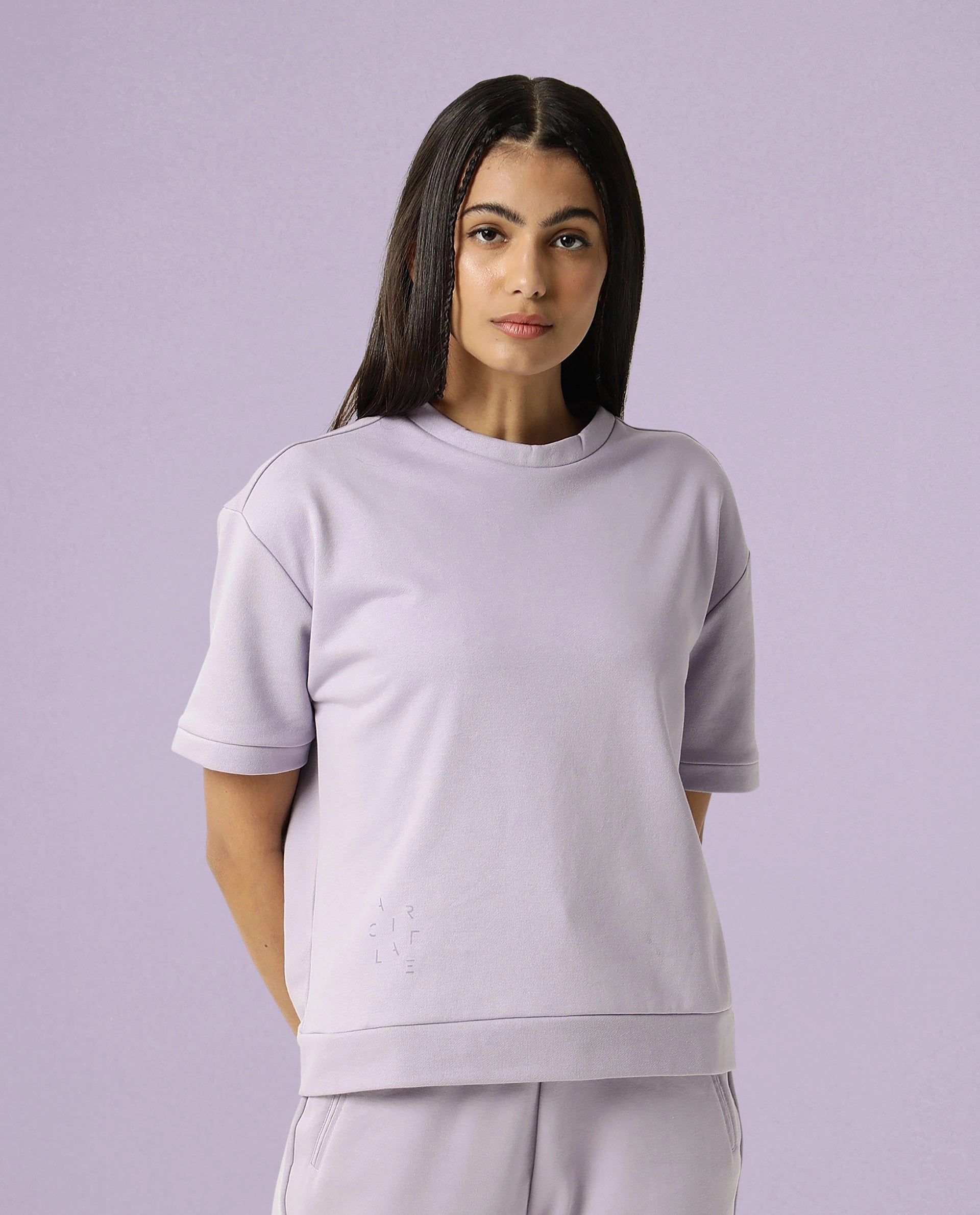 Rareism Women Coco Light Pink Cotton Fabric Half Sleeves Relaxed Fit Solid Round Neck Sweat Tee