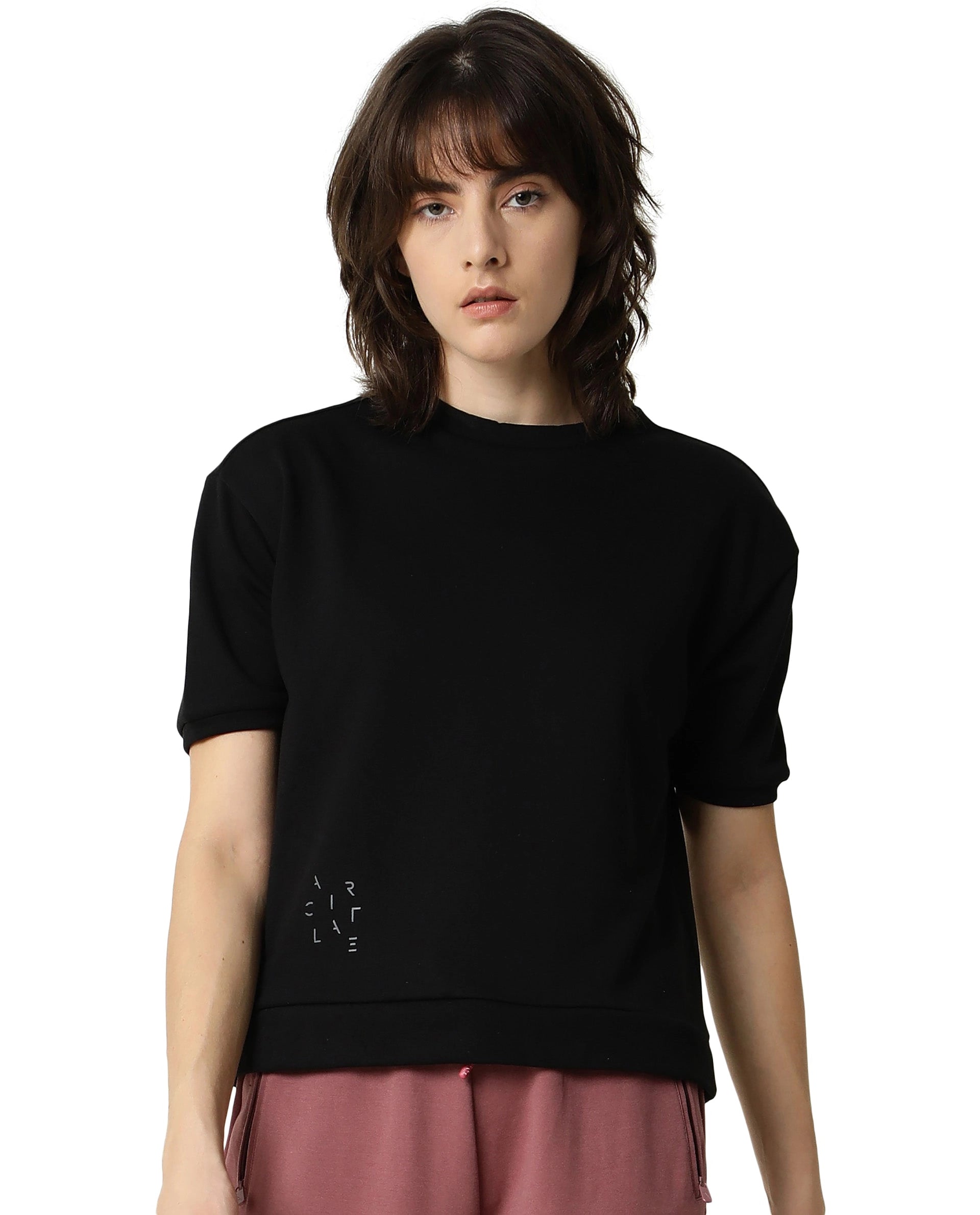 Rareism Women Coco Black Cotton Fabric Half Sleeves Regular Fit Solid Round Neck Sweat Tee