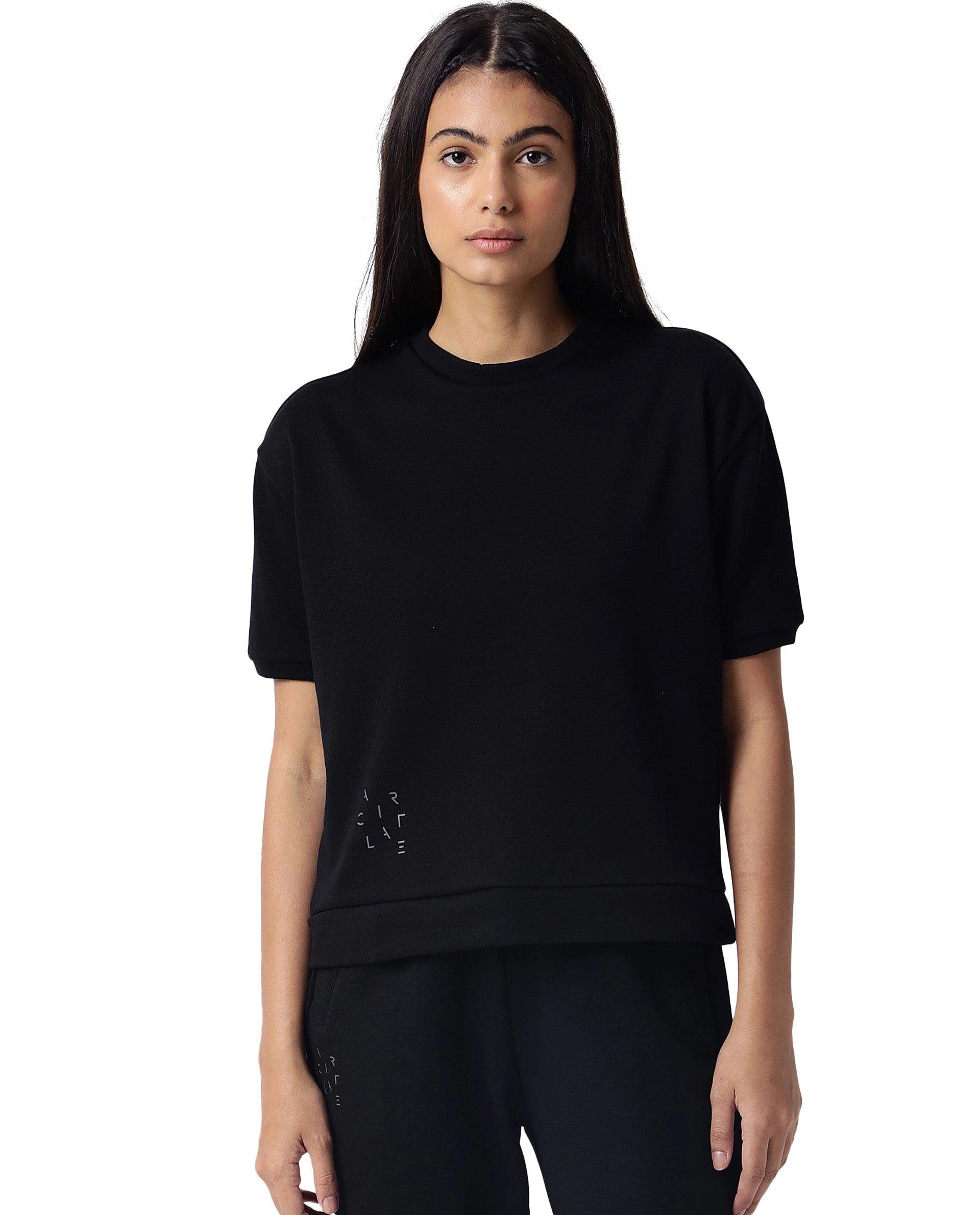 Rareism Women Coco Black Cotton Fabric Half Sleeves Regular Fit Solid Round Neck Sweat Tee