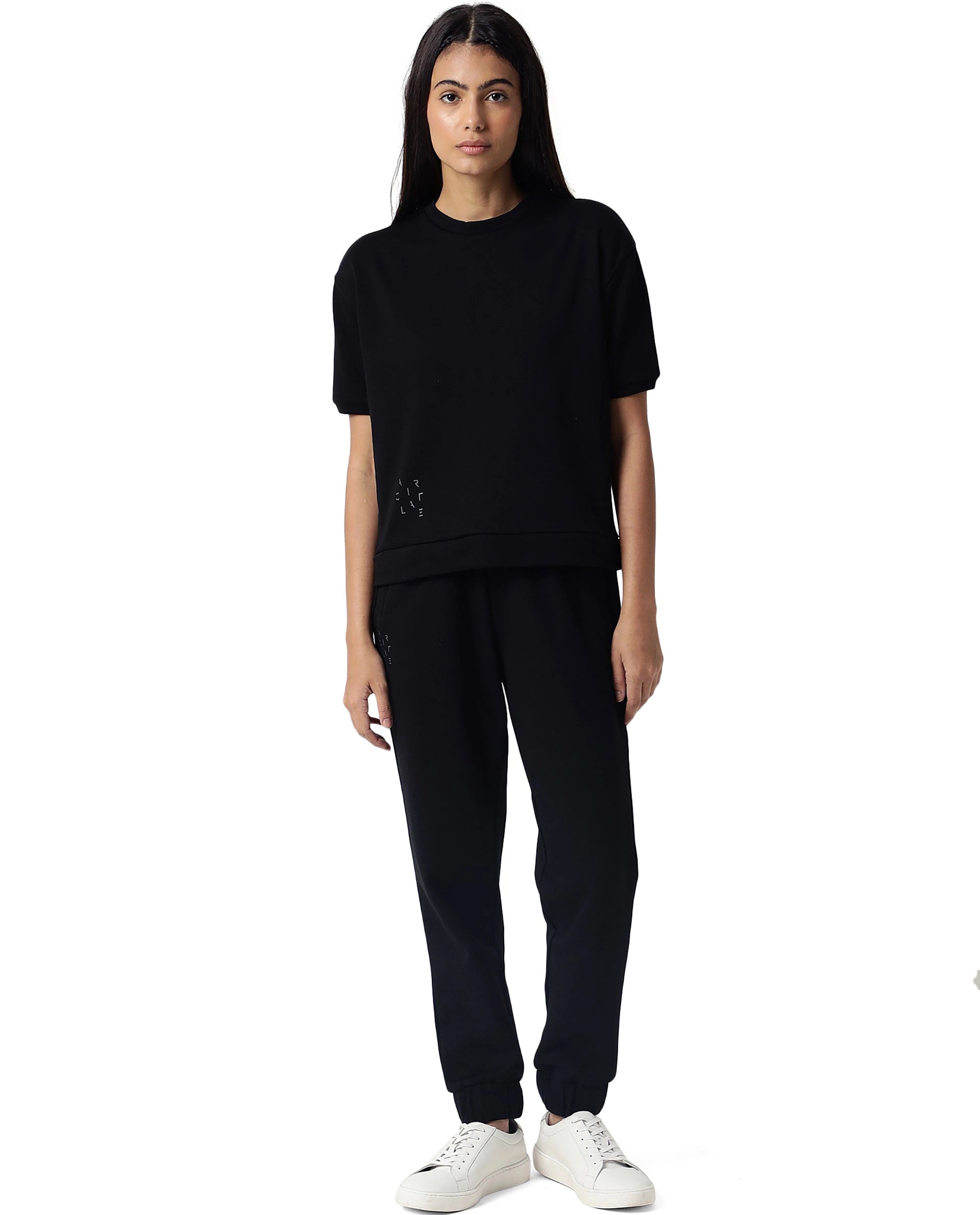 Rareism Women Coco Black Cotton Fabric Half Sleeves Regular Fit Solid Round Neck Sweat Tee