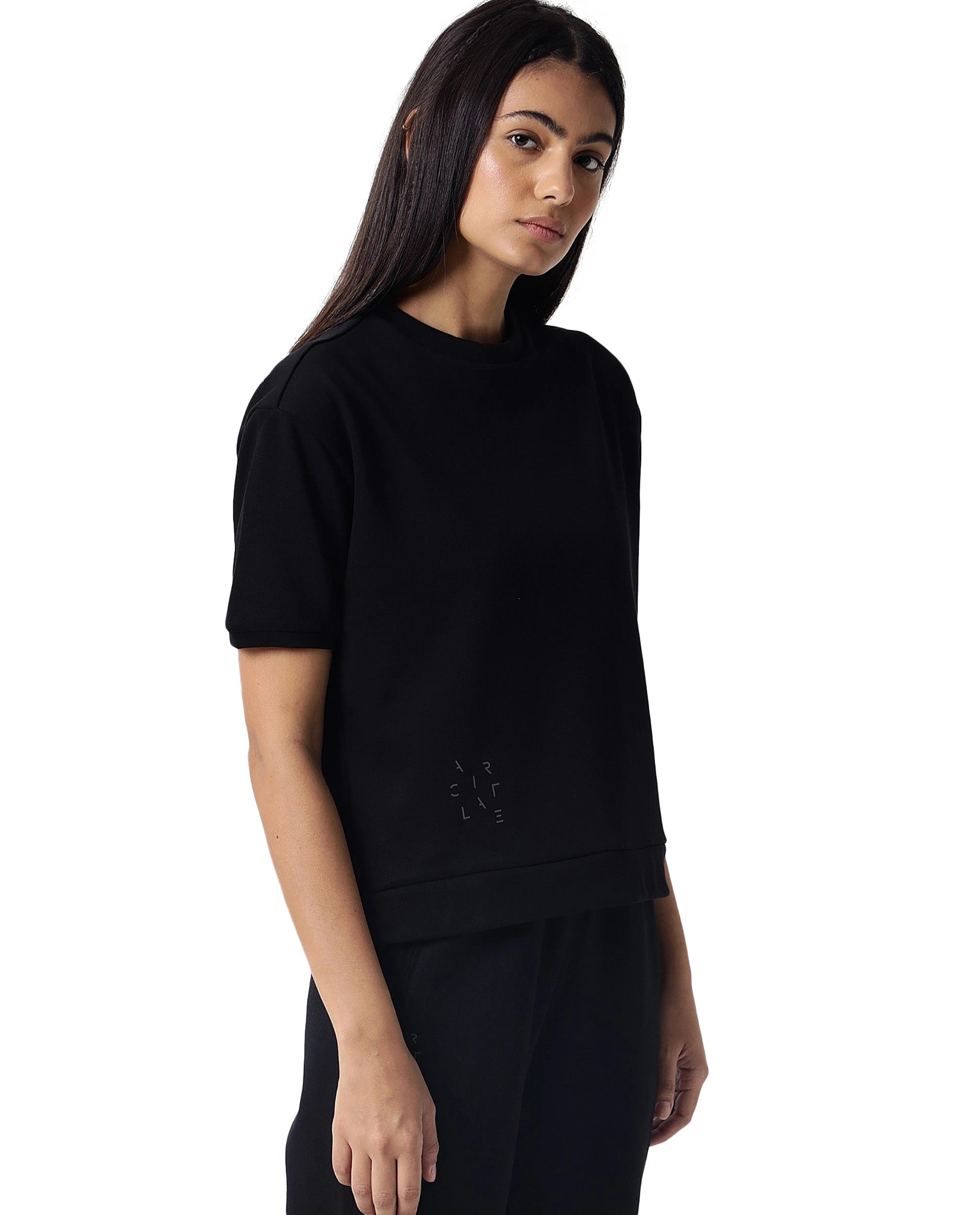 Rareism Women Coco Black Cotton Fabric Half Sleeves Regular Fit Solid Round Neck Sweat Tee
