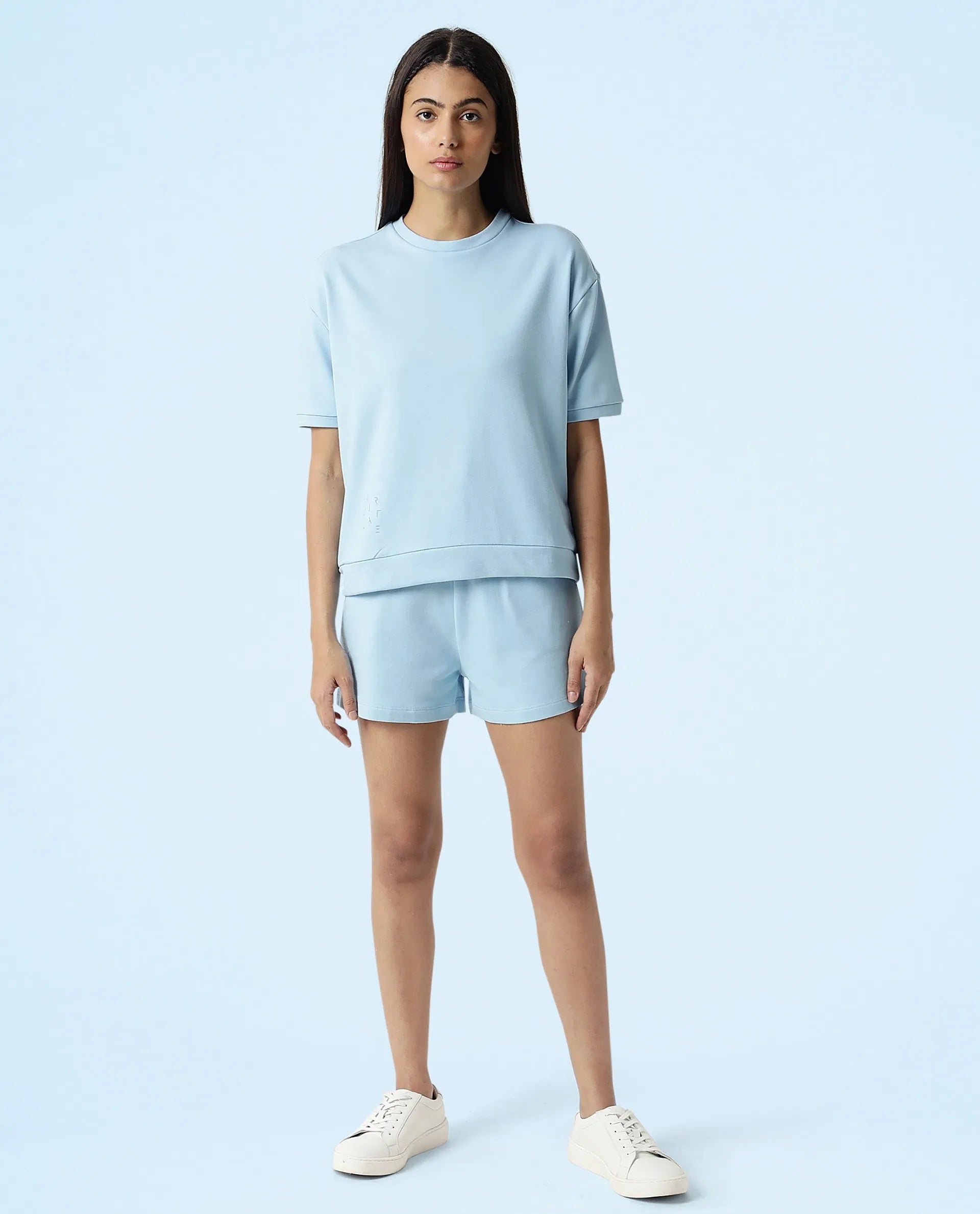 Rareism Women Coco Blue Cotton Fabric Half Sleeves Relaxed Fit Solid Round Neck Sweat Tee