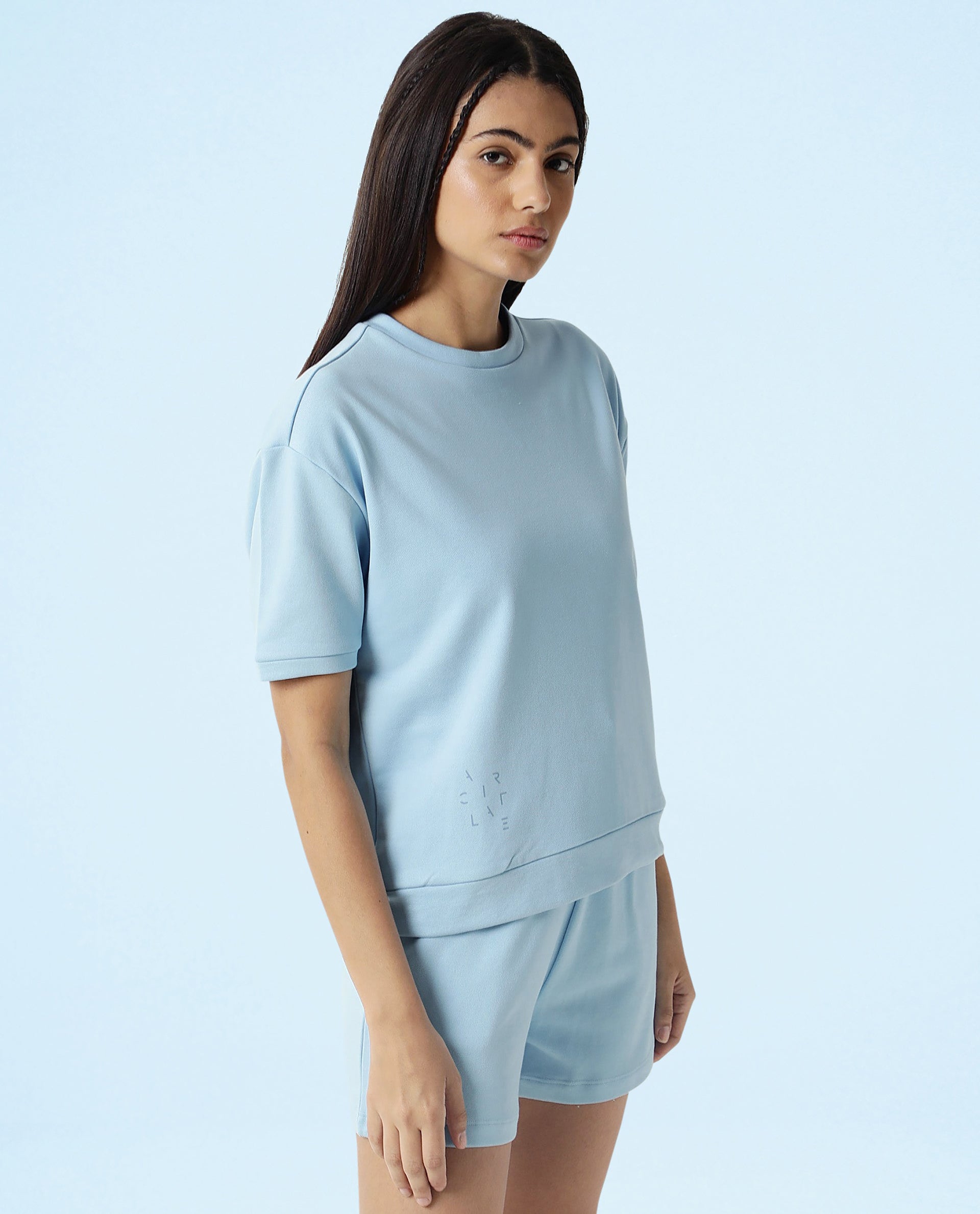 Rareism Women Coco Blue Cotton Fabric Half Sleeves Relaxed Fit Solid Round Neck Sweat Tee