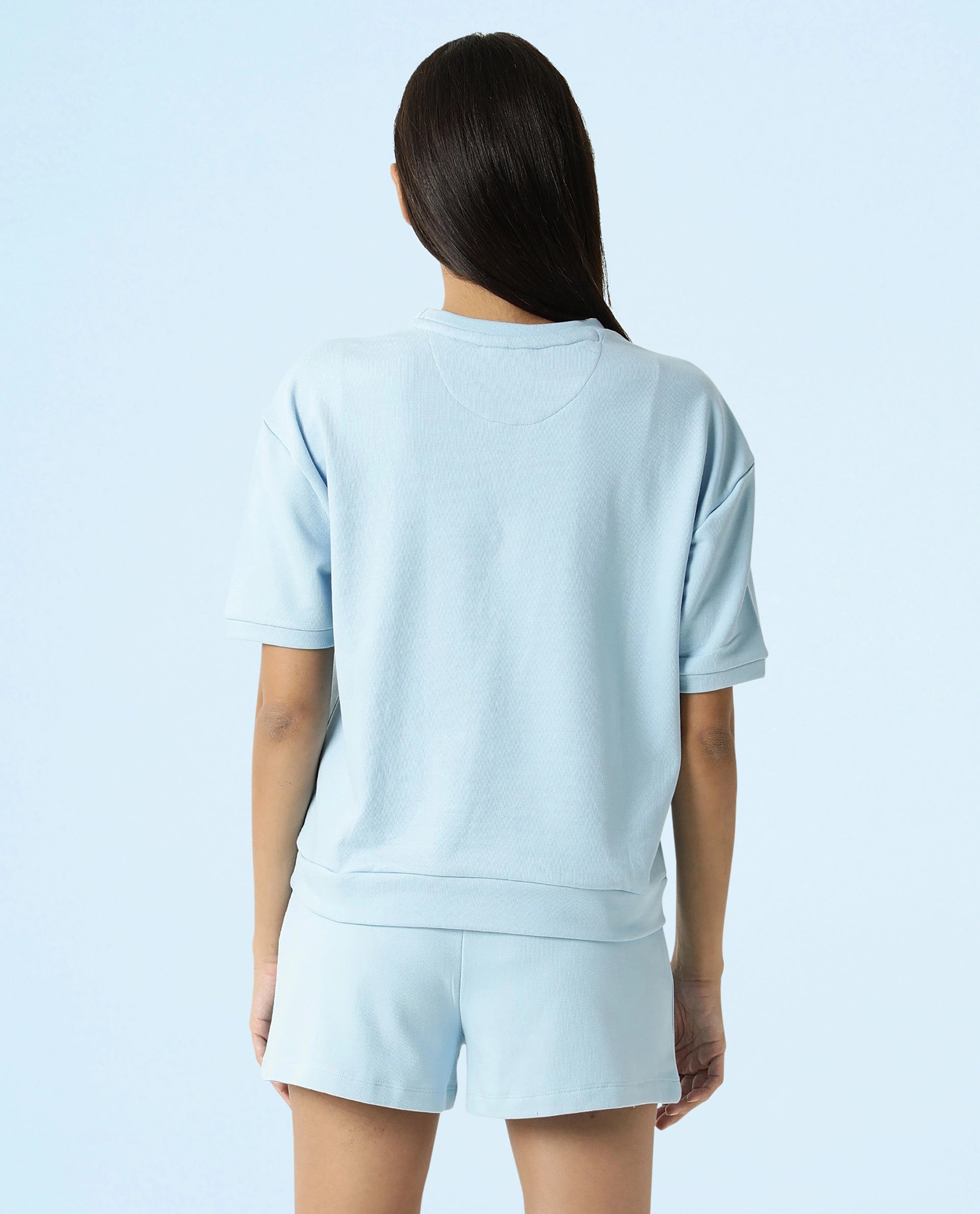 Rareism Women Coco Blue Cotton Fabric Half Sleeves Relaxed Fit Solid Round Neck Sweat Tee