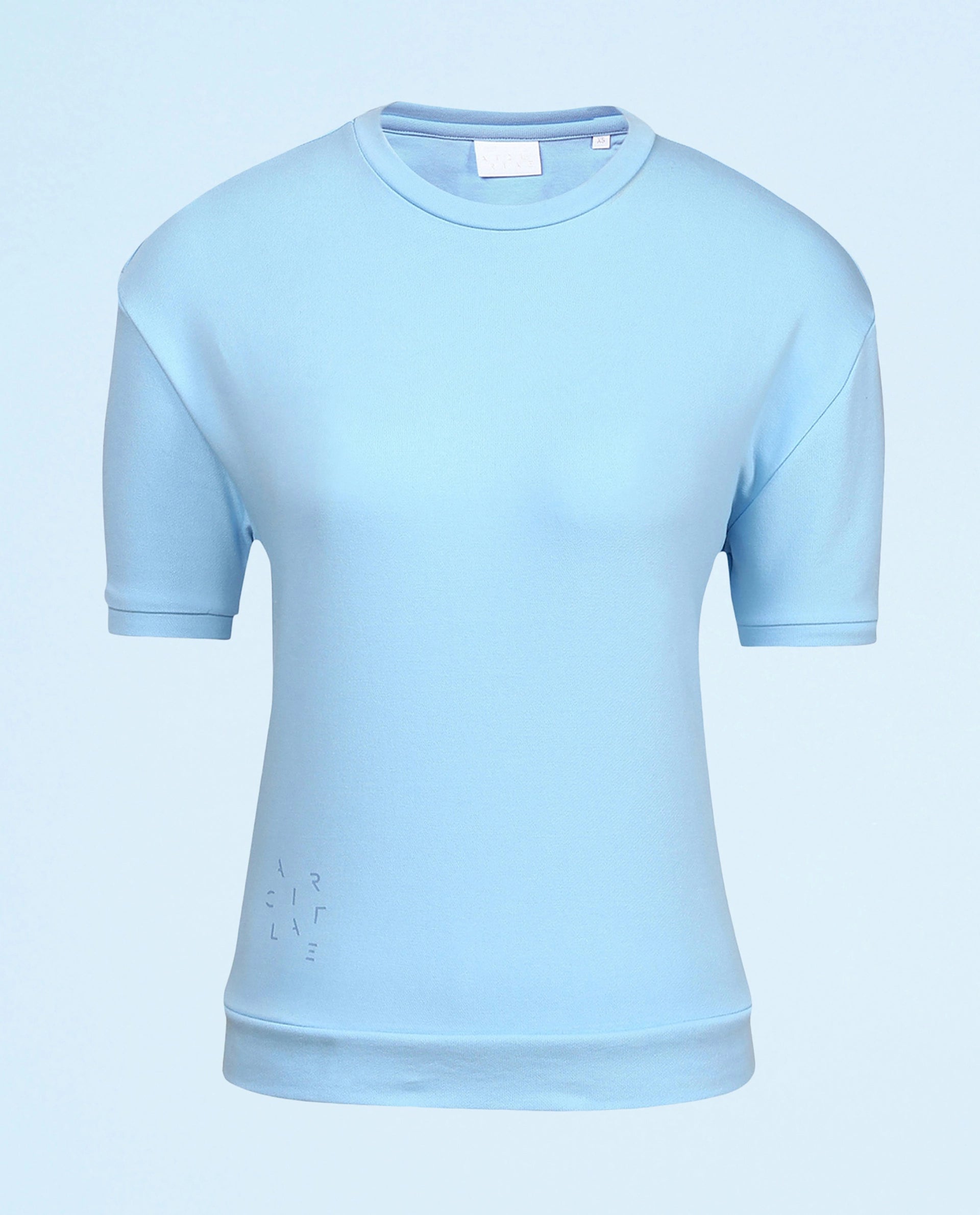 Rareism Women Coco Blue Cotton Fabric Half Sleeves Relaxed Fit Solid Round Neck Sweat Tee