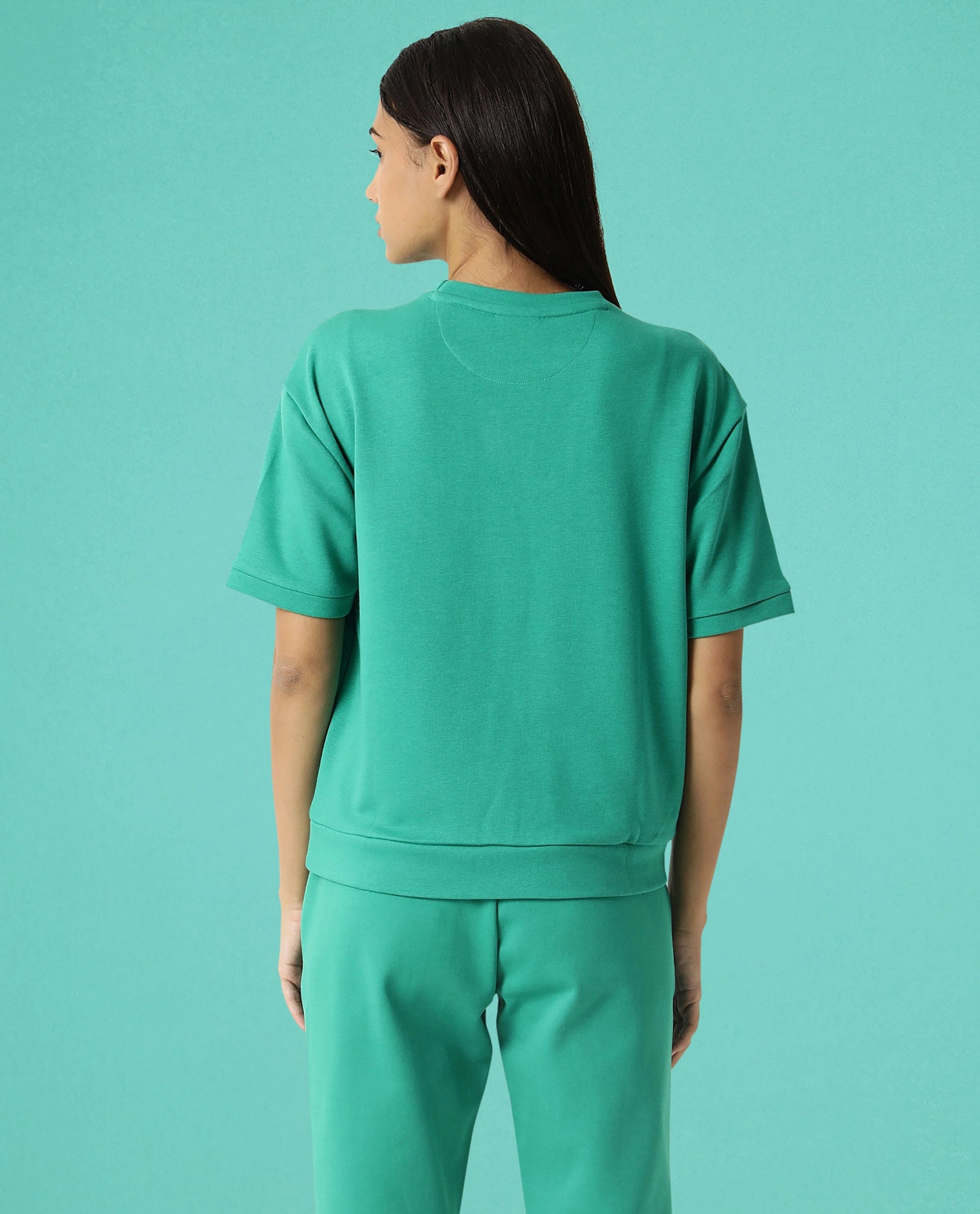 Rareism Women Coco Green Cotton Fabric Half Sleeves Relaxed Fit Solid Round Neck Sweat Tee