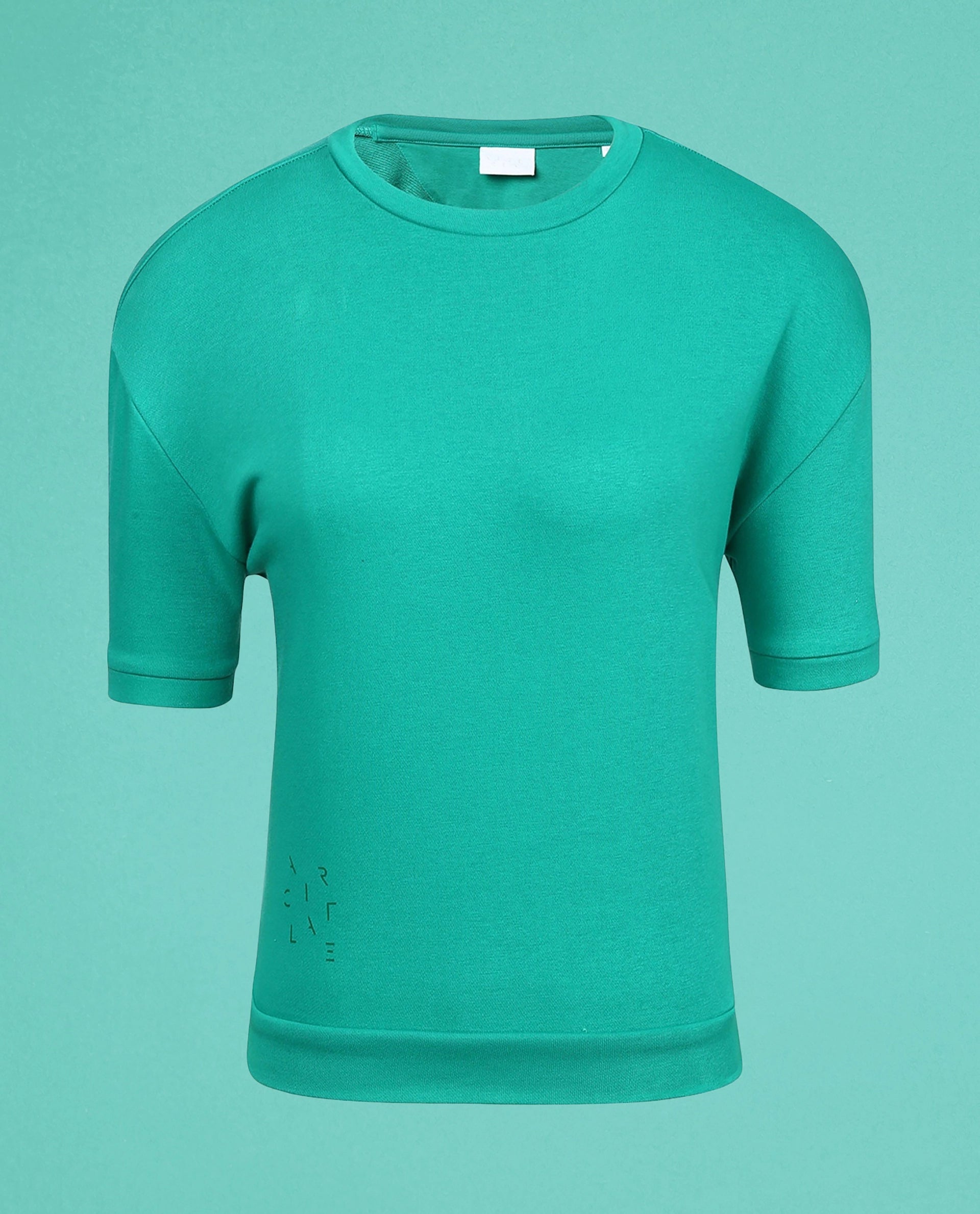 Rareism Women Coco Green Cotton Fabric Half Sleeves Relaxed Fit Solid Round Neck Sweat Tee