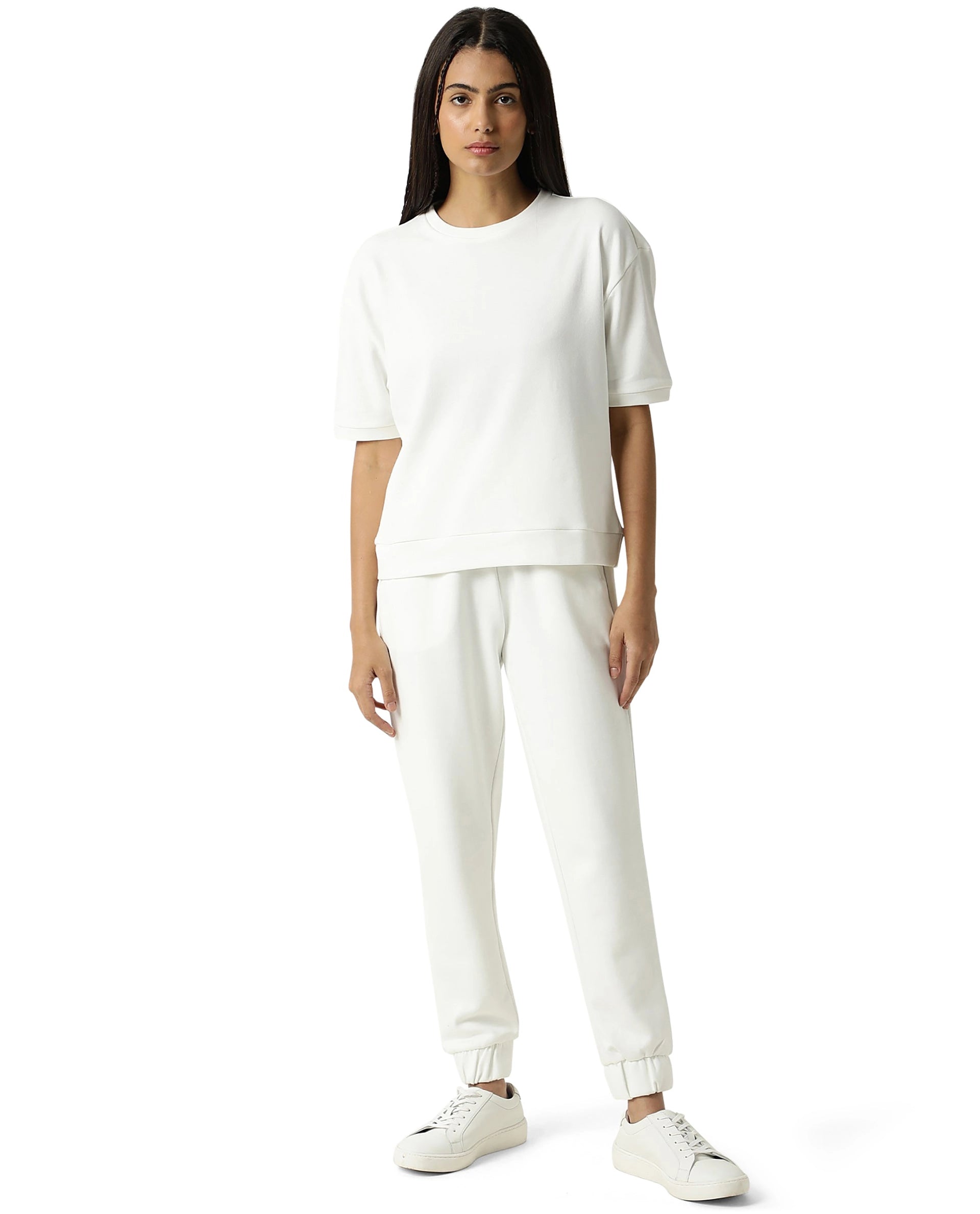 Rareism Women Coco Off White Cotton Fabric Half Sleeves Relaxed Fit Solid Round Neck Sweat Tee