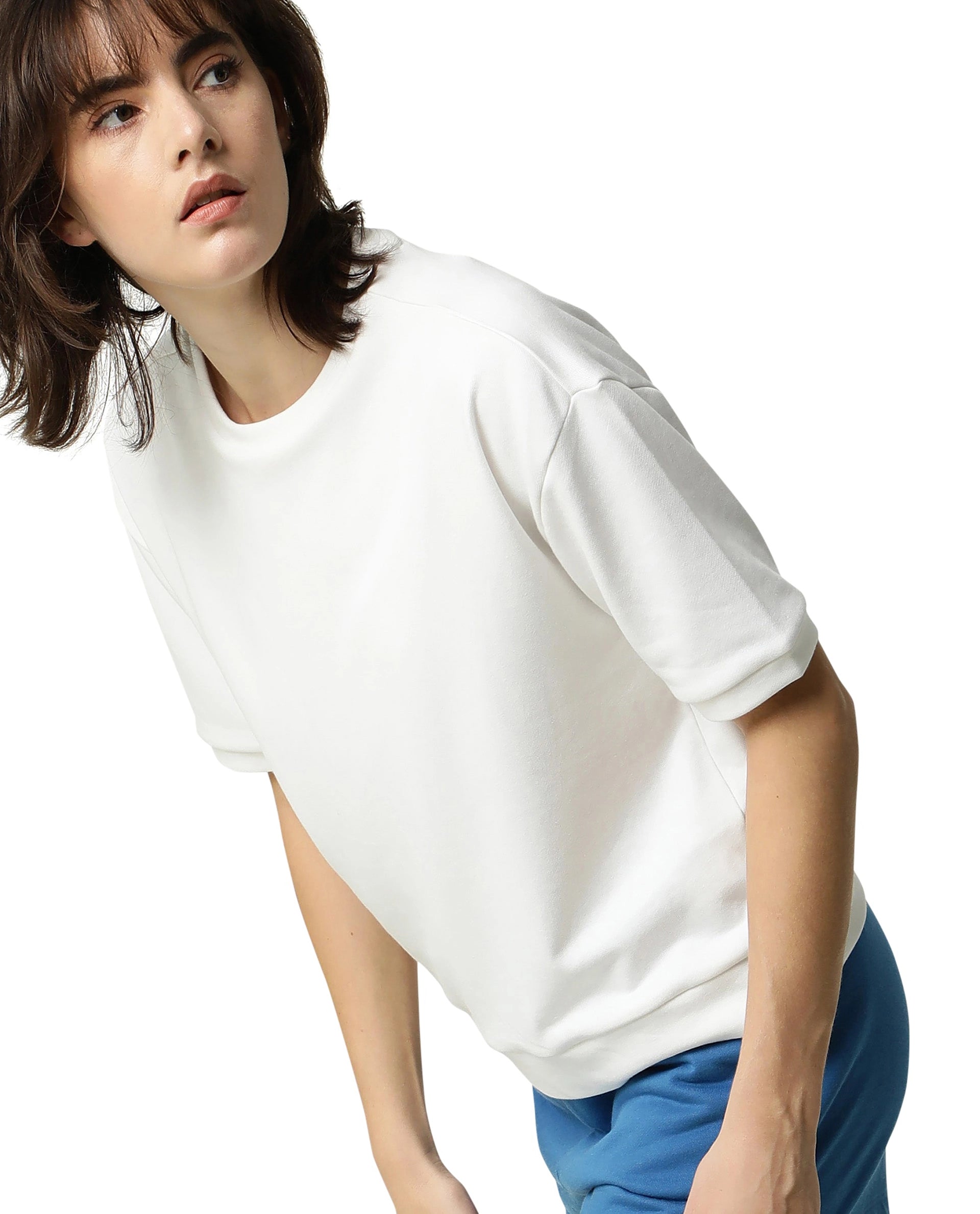 Rareism Women Coco Off White Cotton Fabric Half Sleeves Relaxed Fit Solid Round Neck Sweat Tee