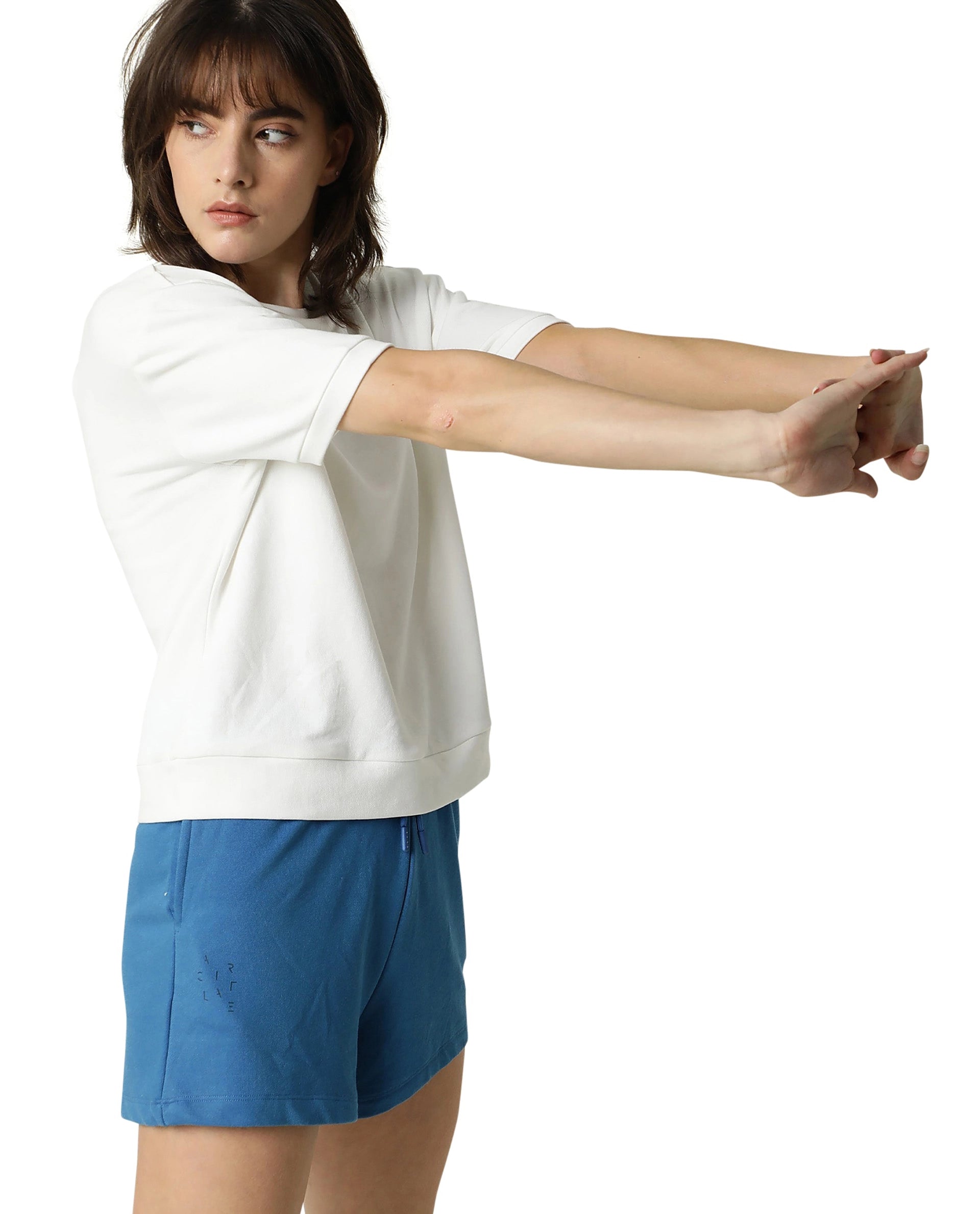 Rareism Women Coco Off White Cotton Fabric Half Sleeves Relaxed Fit Solid Round Neck Sweat Tee