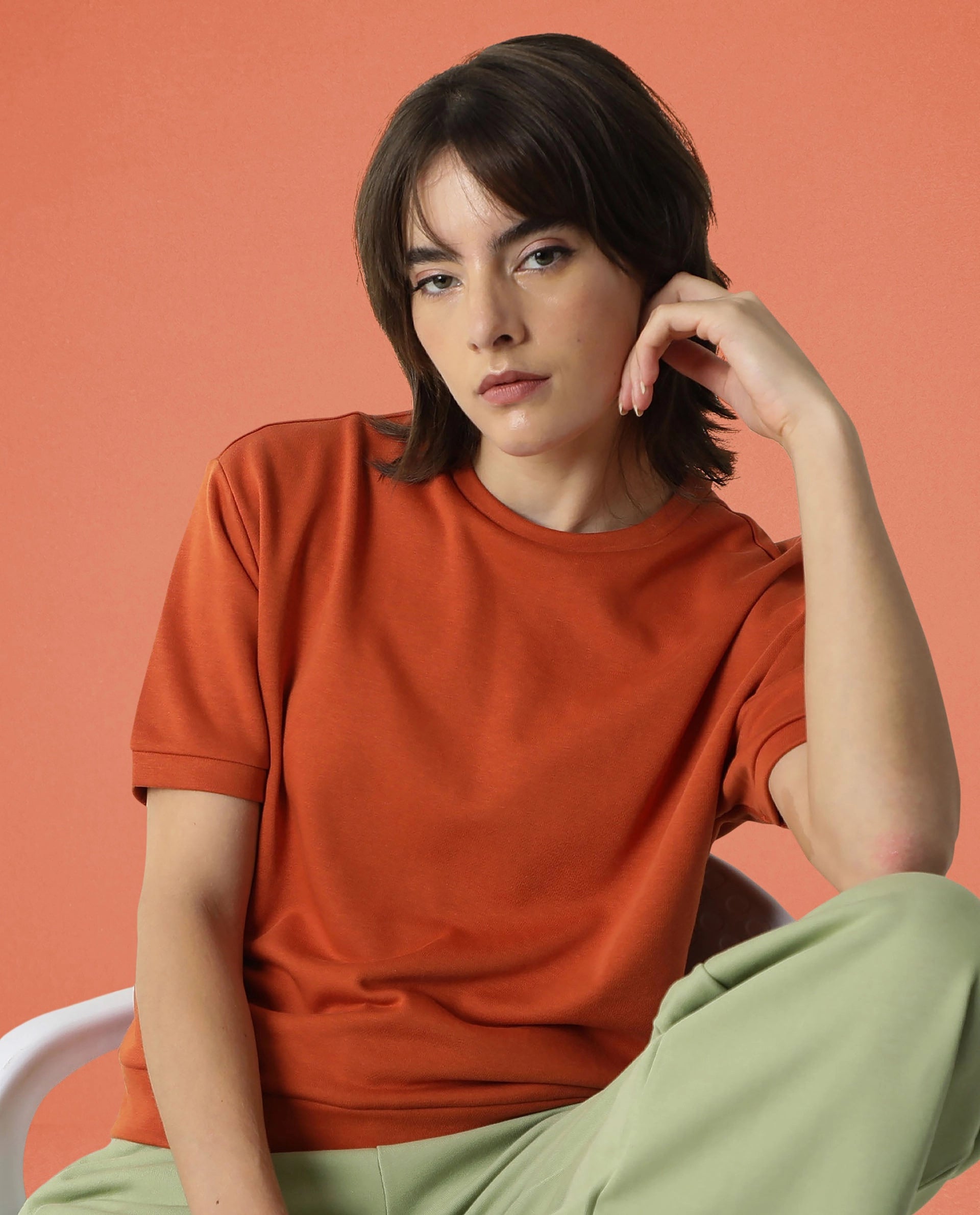 Rareism Women Coco Orange Cotton Fabric Half Sleeves Relaxed Fit Solid Round Neck Sweat Tee
