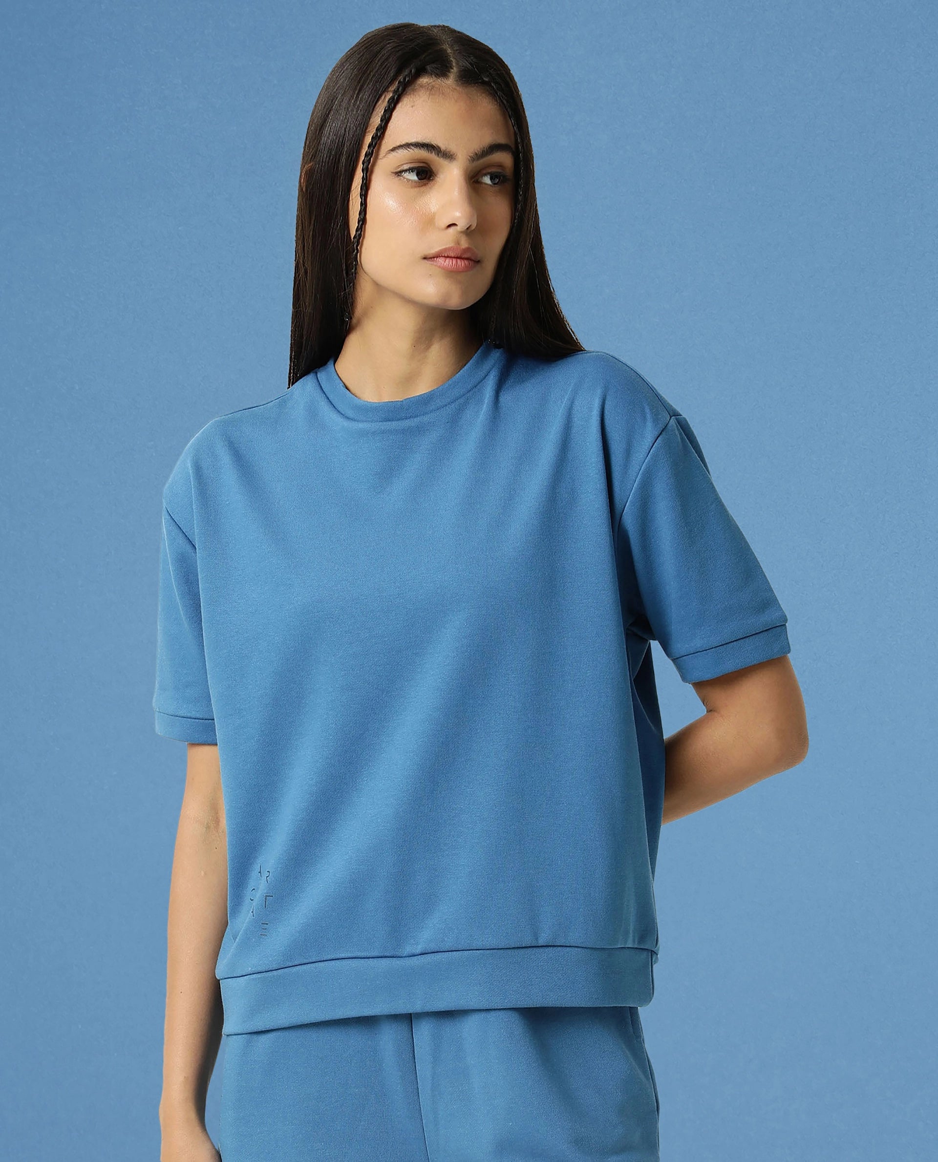 Rareism Women Coco Petrol Cotton Fabric Half Sleeves Relaxed Fit Solid Round Neck Sweat Tee