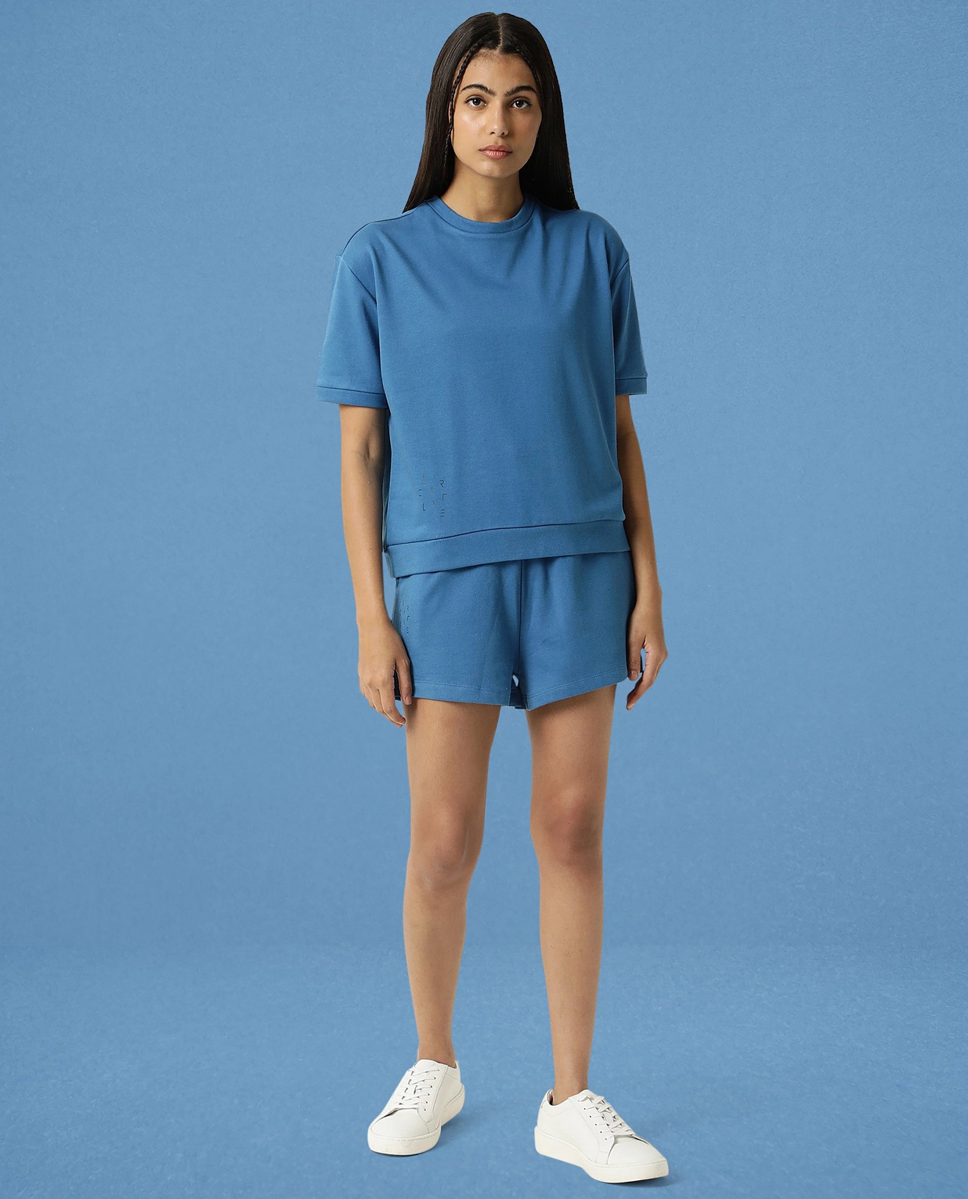 Rareism Women Coco Petrol Cotton Fabric Half Sleeves Relaxed Fit Solid Round Neck Sweat Tee