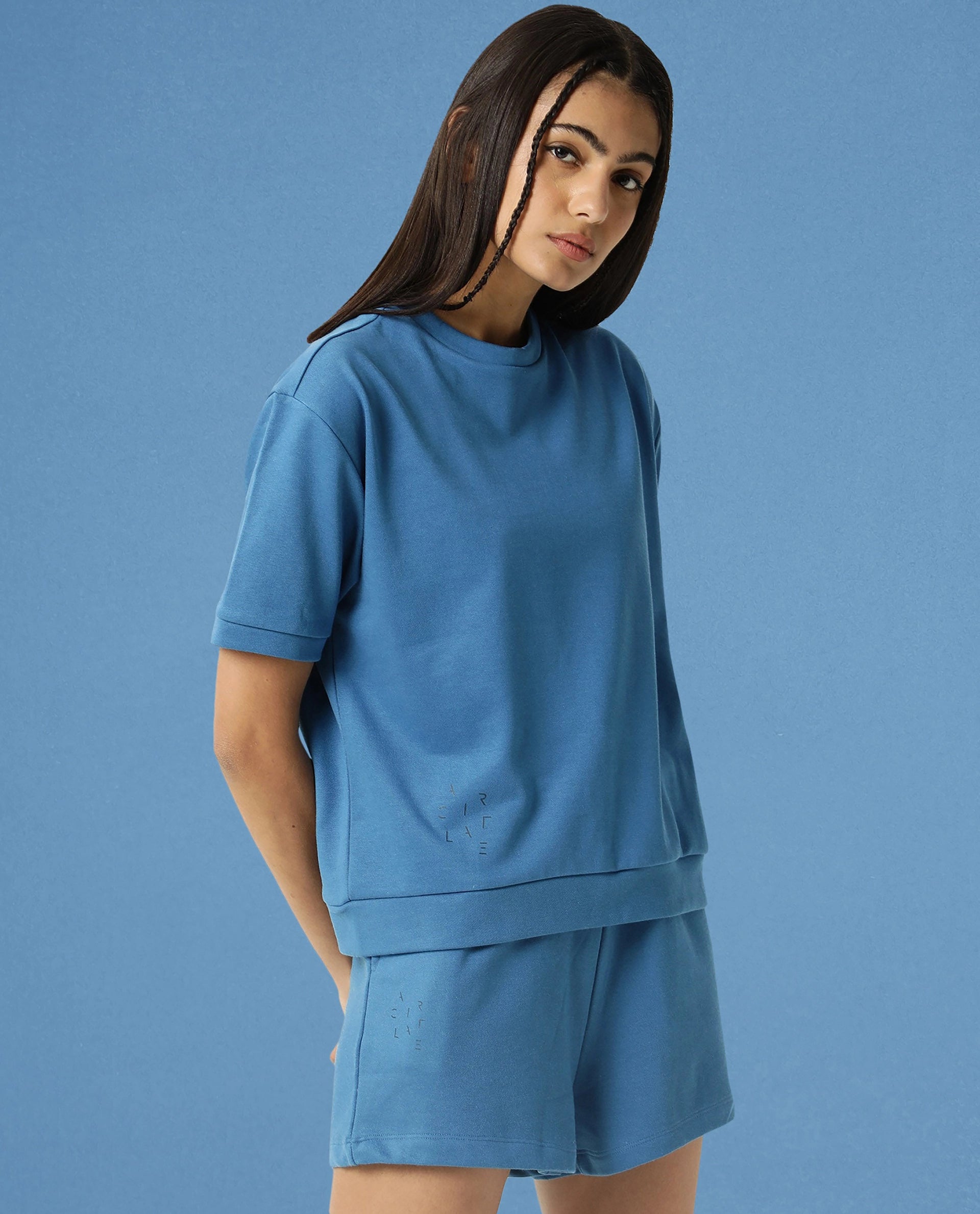 Rareism Women Coco Petrol Cotton Fabric Half Sleeves Relaxed Fit Solid Round Neck Sweat Tee