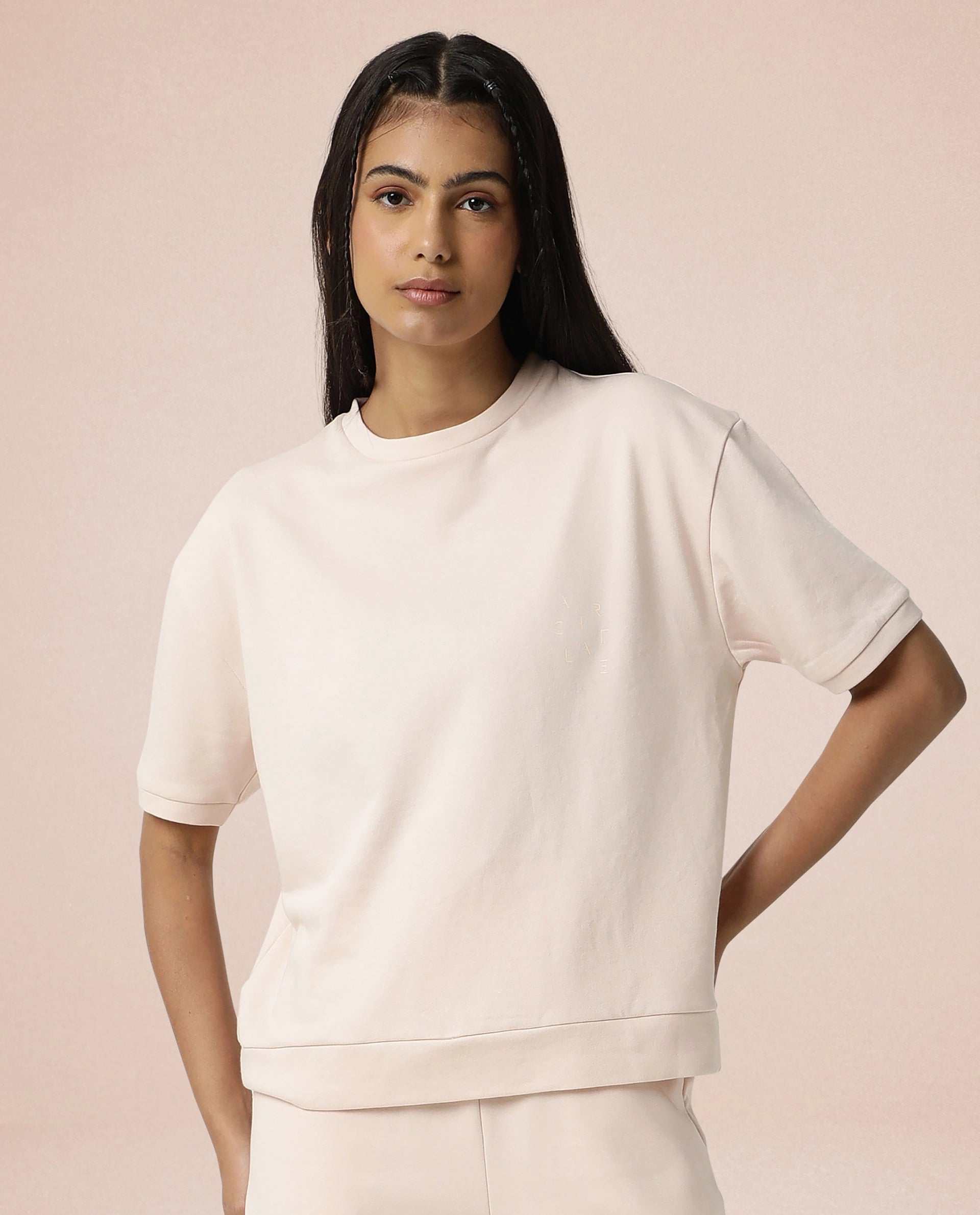 Rareism Women Coco Pink Cotton Fabric Half Sleeves Relaxed Fit Solid Round Neck Sweat Tee