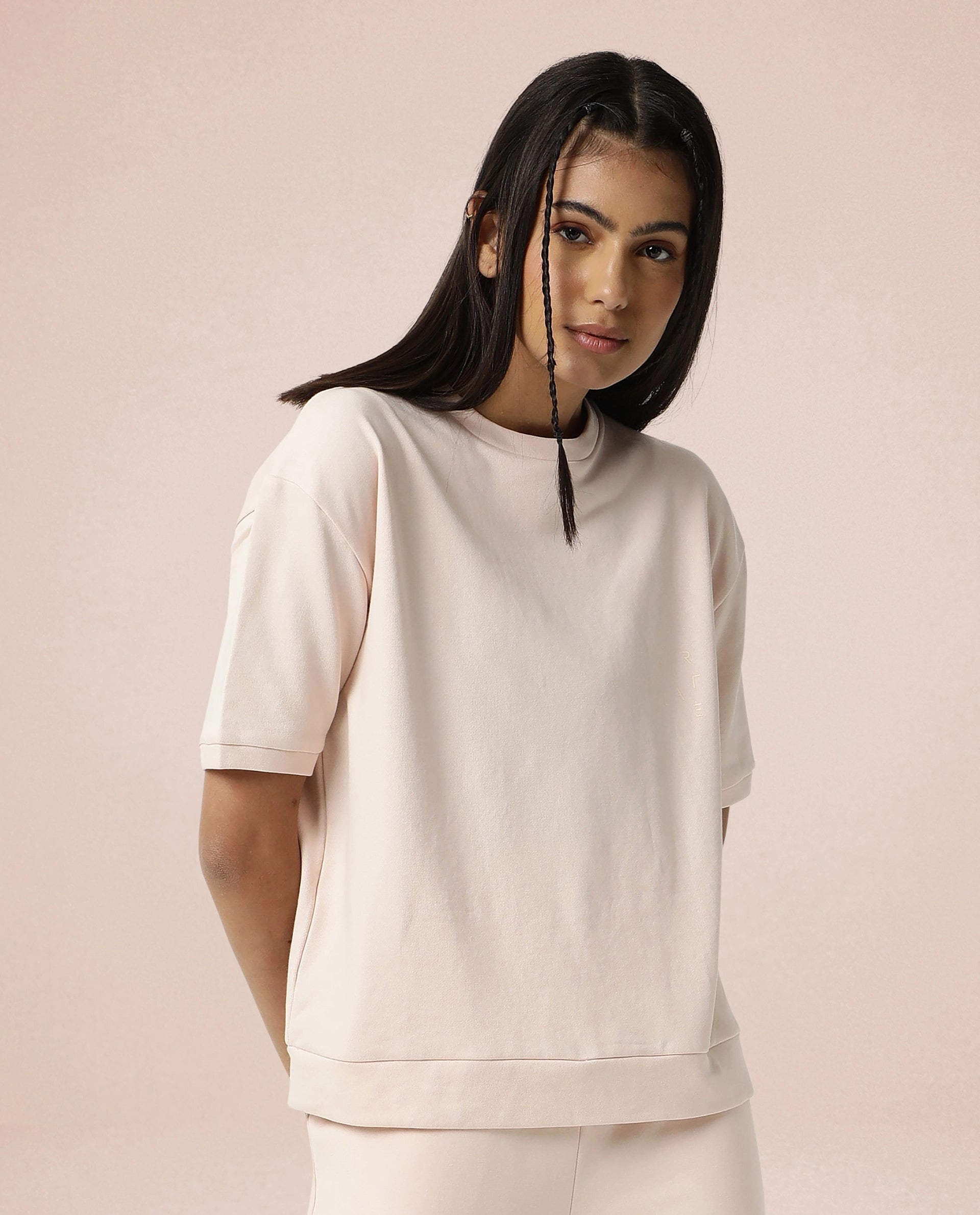 Rareism Women Coco Pink Cotton Fabric Half Sleeves Relaxed Fit Solid Round Neck Sweat Tee