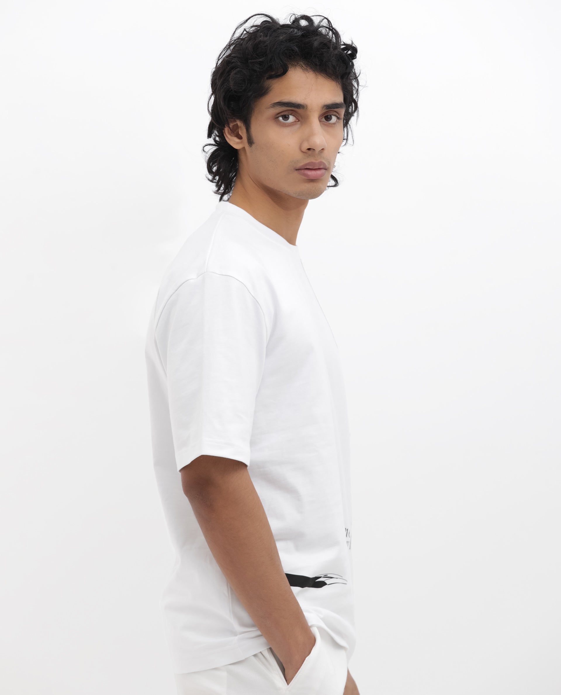 Rare Rabbit Articale Men's Cody White Cotton Fabric Crew Neck Oversized Fit Graphic Print T-Shirt