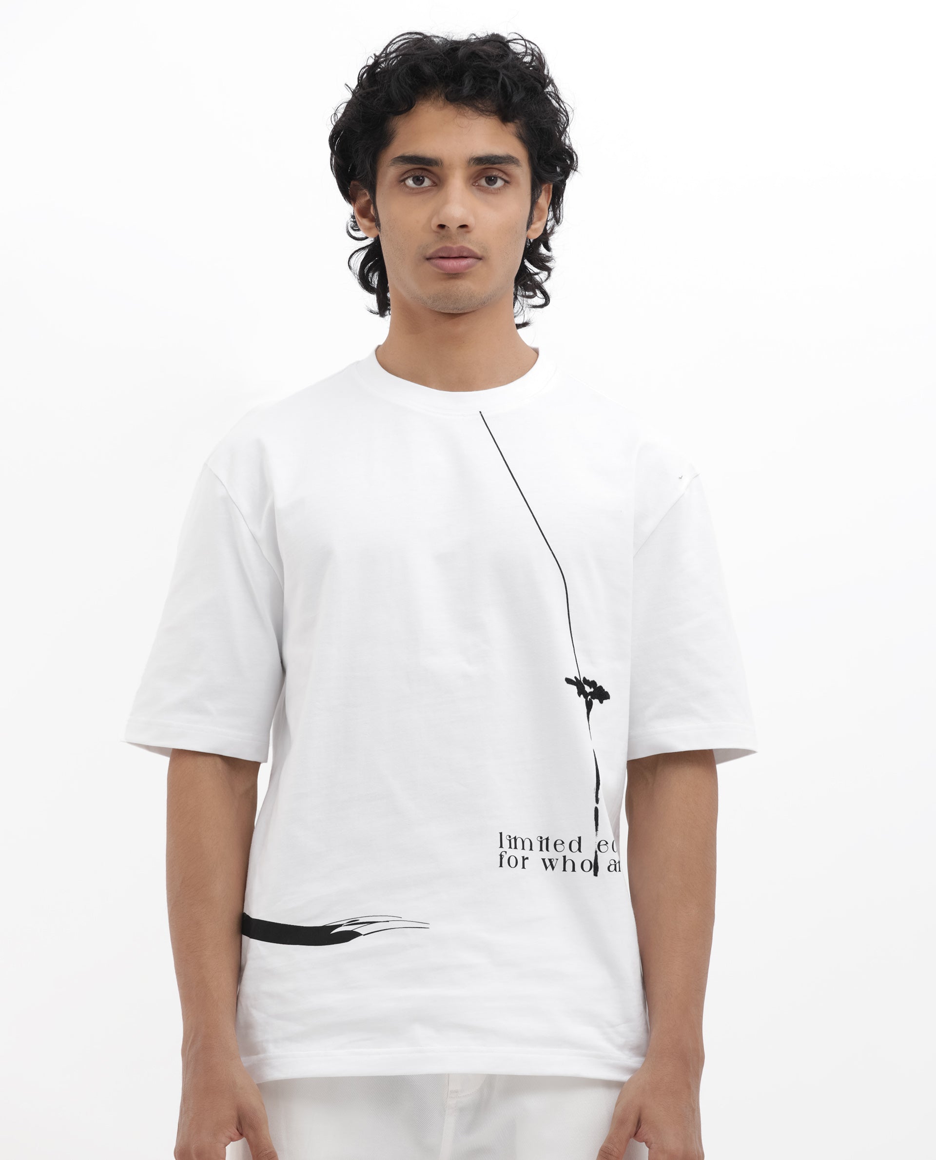 Rare Rabbit Articale Men's Cody White Cotton Fabric Crew Neck Oversized Fit Graphic Print T-Shirt