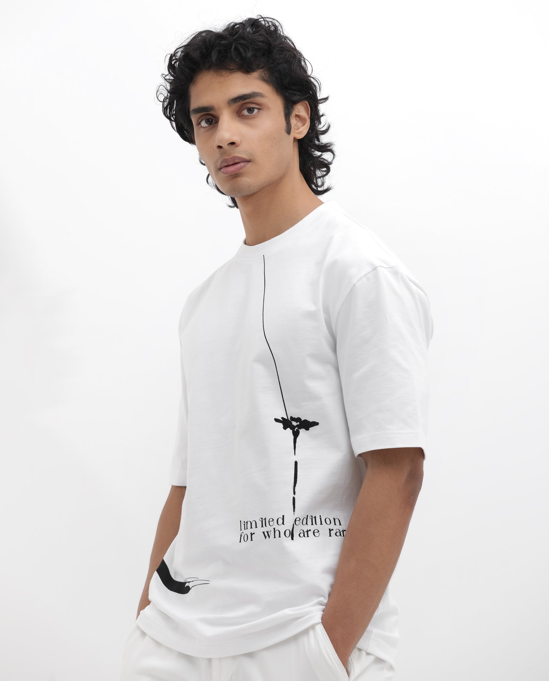 Rare Rabbit Articale Men's Cody White Cotton Fabric Crew Neck Oversized Fit Graphic Print T-Shirt