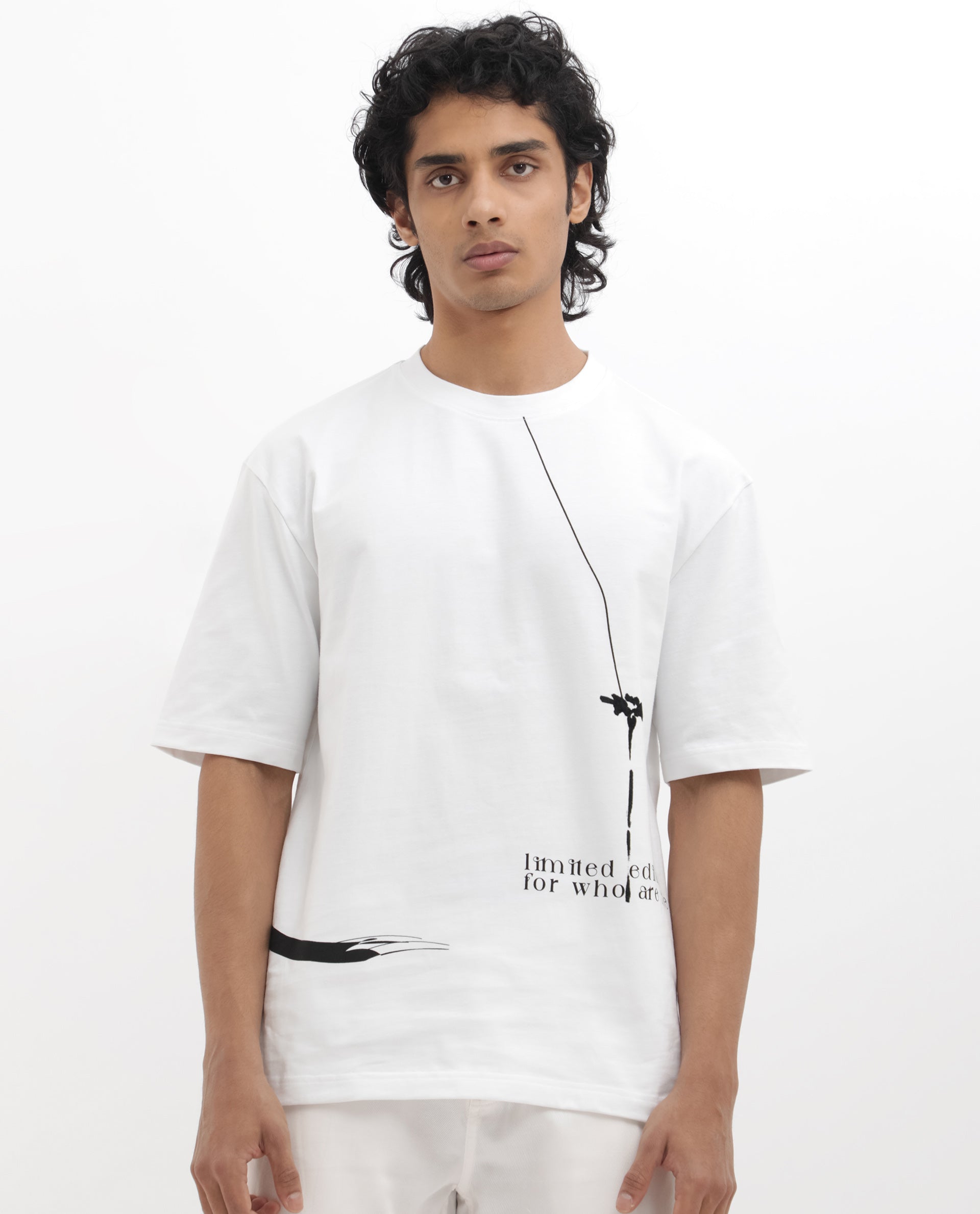 Rare Rabbit Articale Men's Cody White Cotton Fabric Crew Neck Oversized Fit Graphic Print T-Shirt