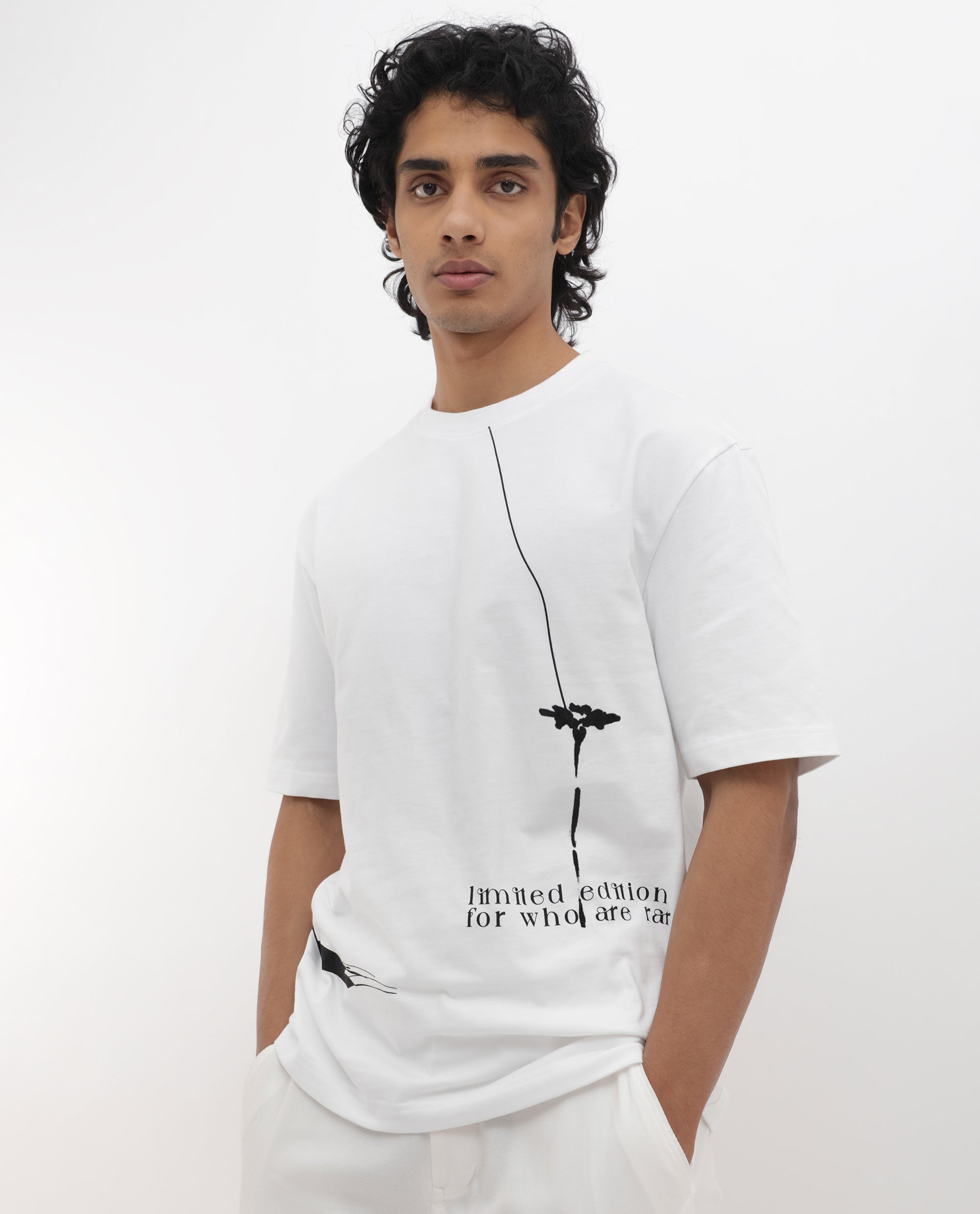 Rare Rabbit Articale Men's Cody White Cotton Fabric Crew Neck Oversized Fit Graphic Print T-Shirt