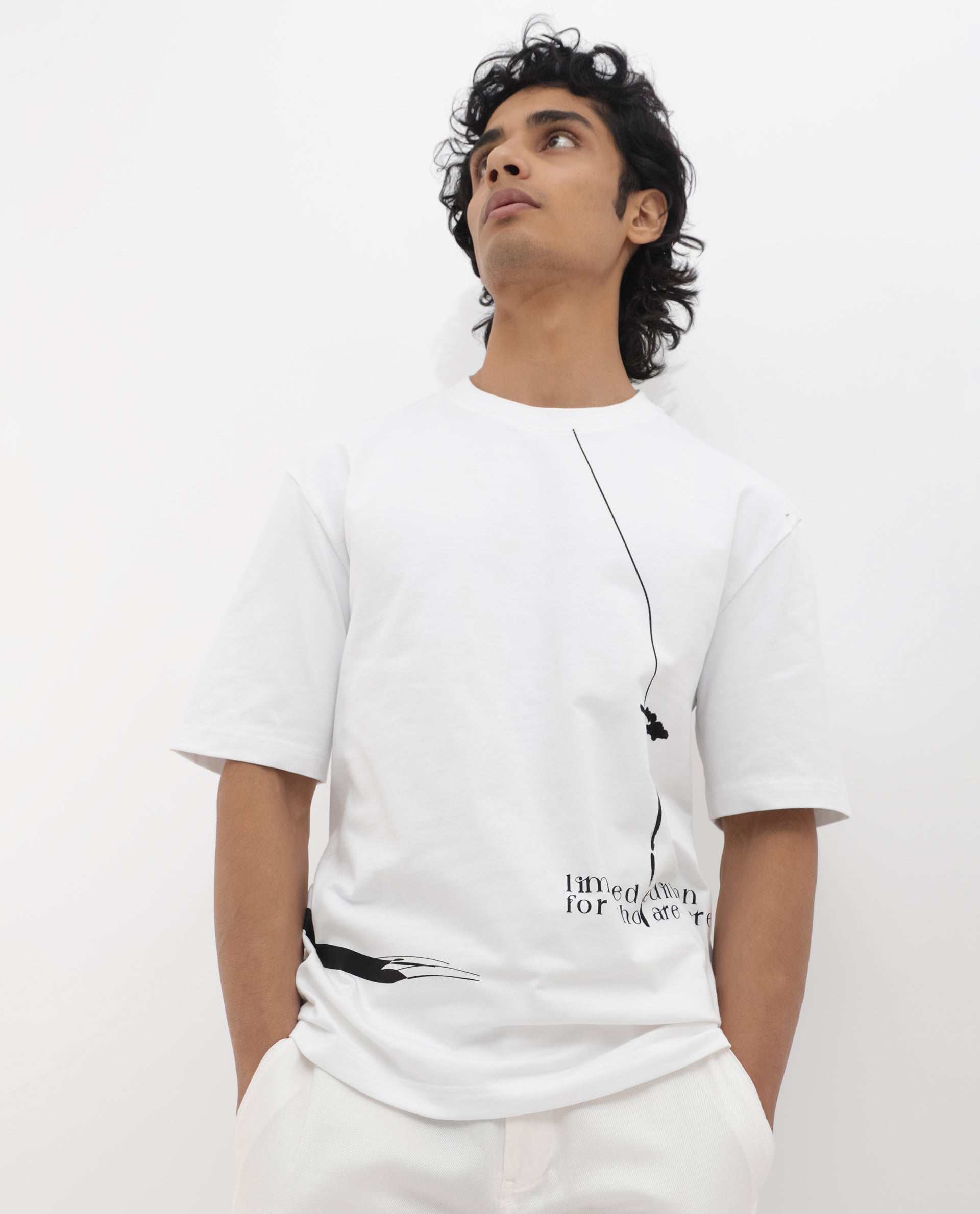 Rare Rabbit Articale Men's Cody White Cotton Fabric Crew Neck Oversized Fit Graphic Print T-Shirt