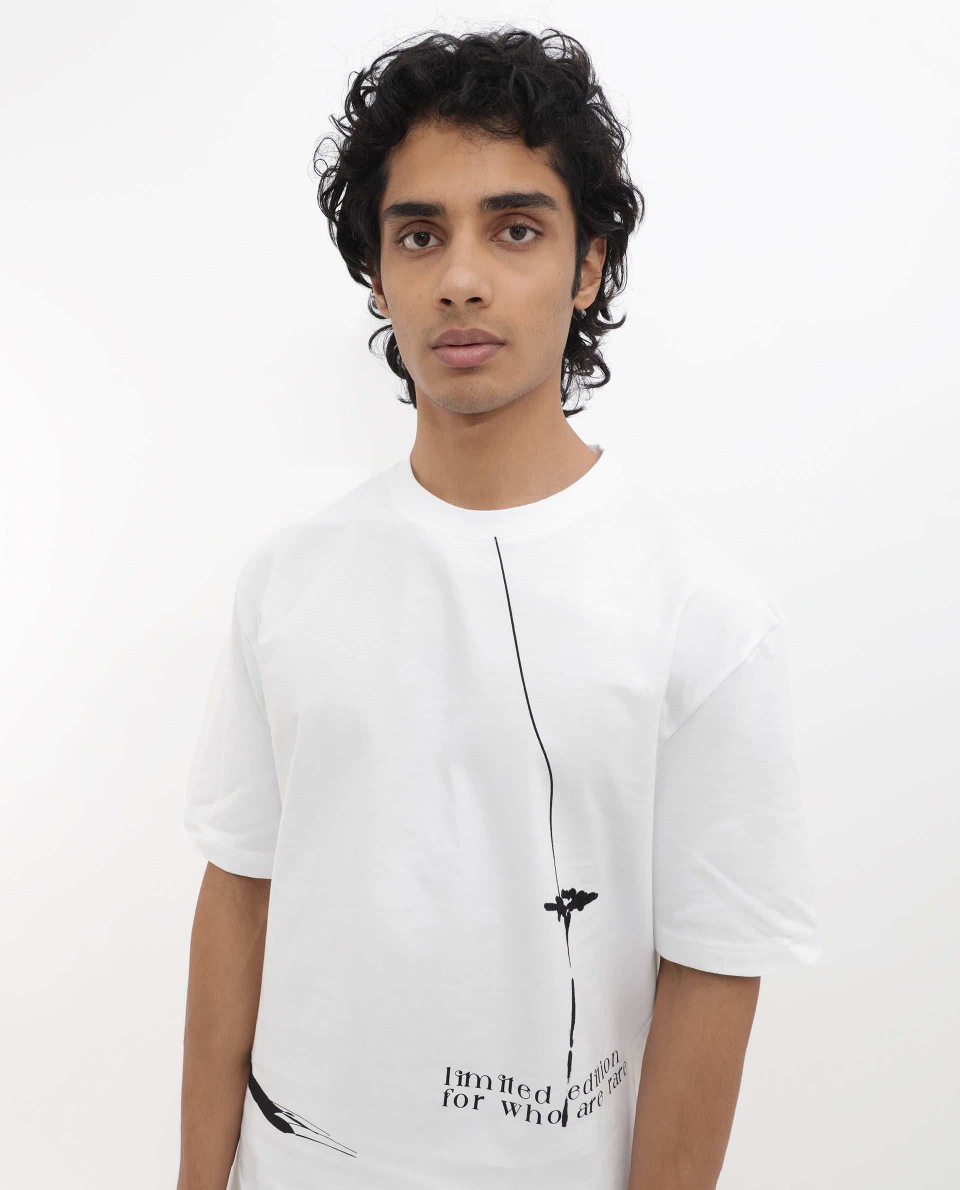 Rare Rabbit Articale Men's Cody White Cotton Fabric Crew Neck Oversized Fit Graphic Print T-Shirt