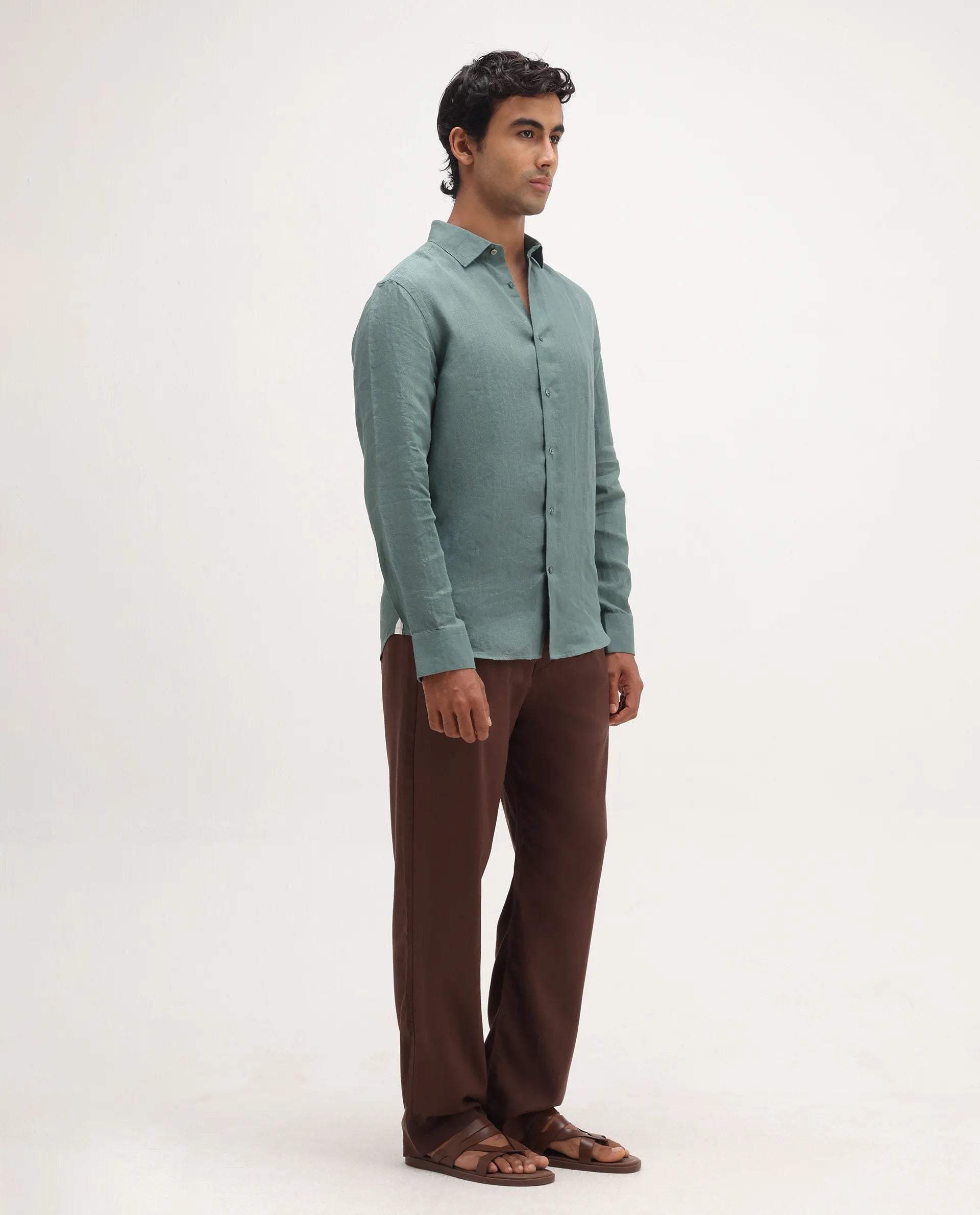 Rare Rabbit Men's Coft-B Brown Linen Blend Plain Loose Fit Trouser