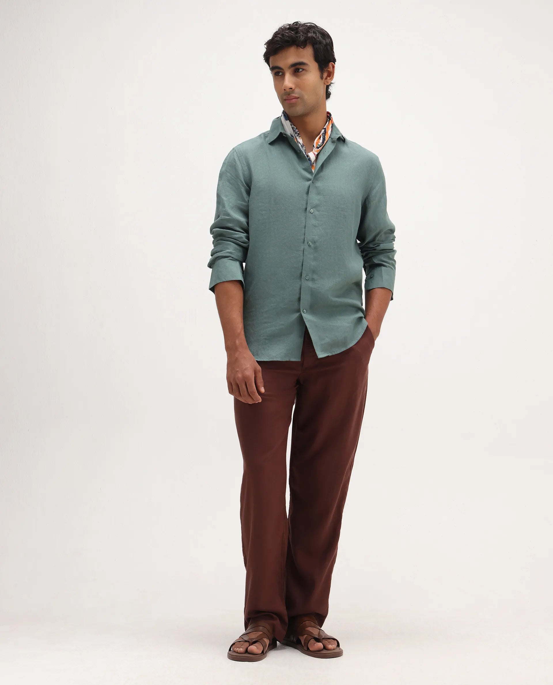 Rare Rabbit Men's Coft-B Brown Linen Blend Plain Loose Fit Trouser