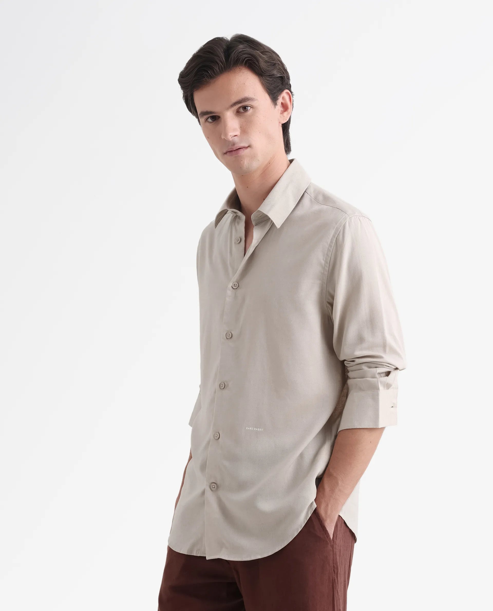 Rare Rabbit Men's Coft Beige Linen Blend Plain Boxy Fit Full Sleeve Collared Shirt