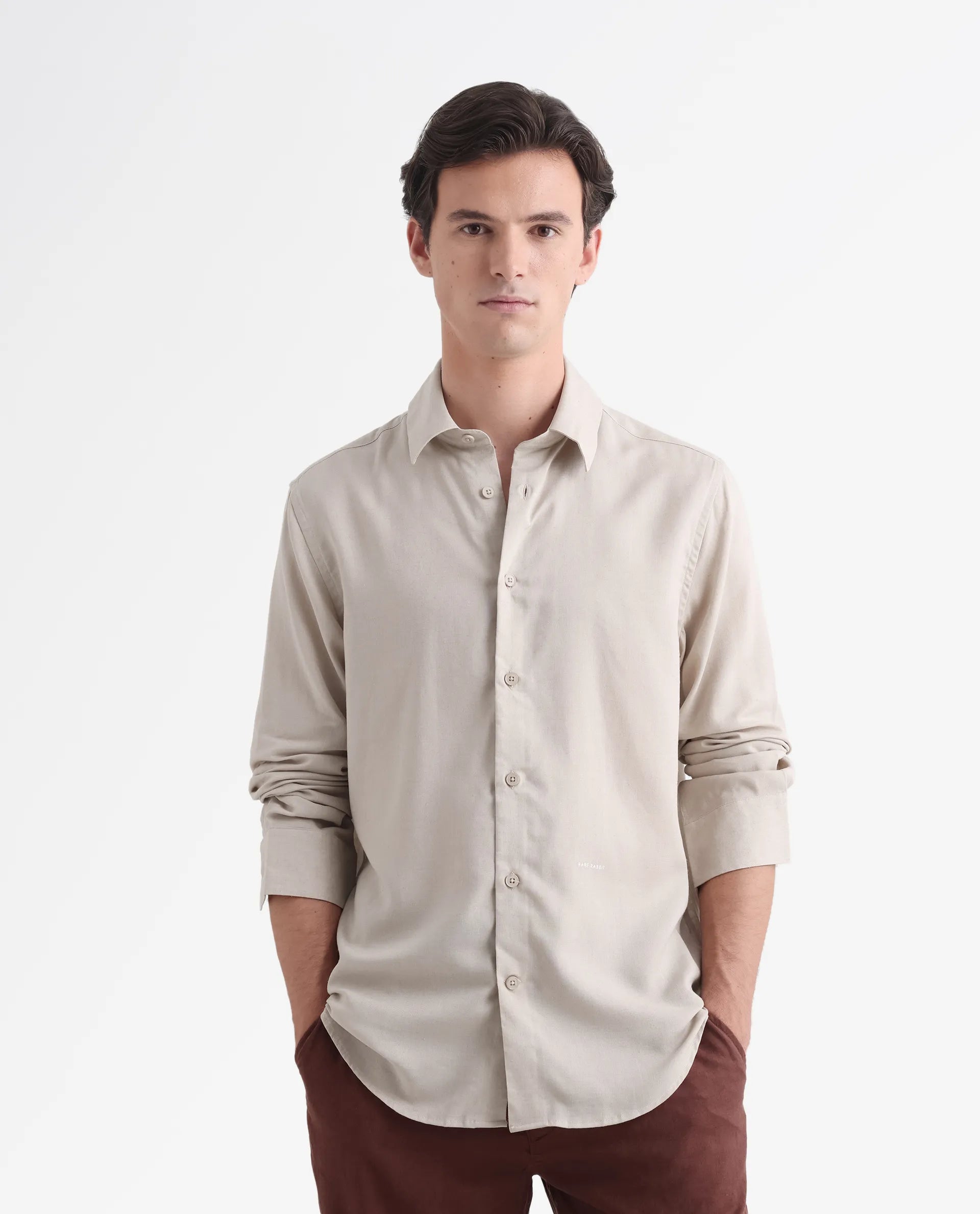 Rare Rabbit Men's Coft Beige Linen Blend Plain Boxy Fit Full Sleeve Collared Shirt