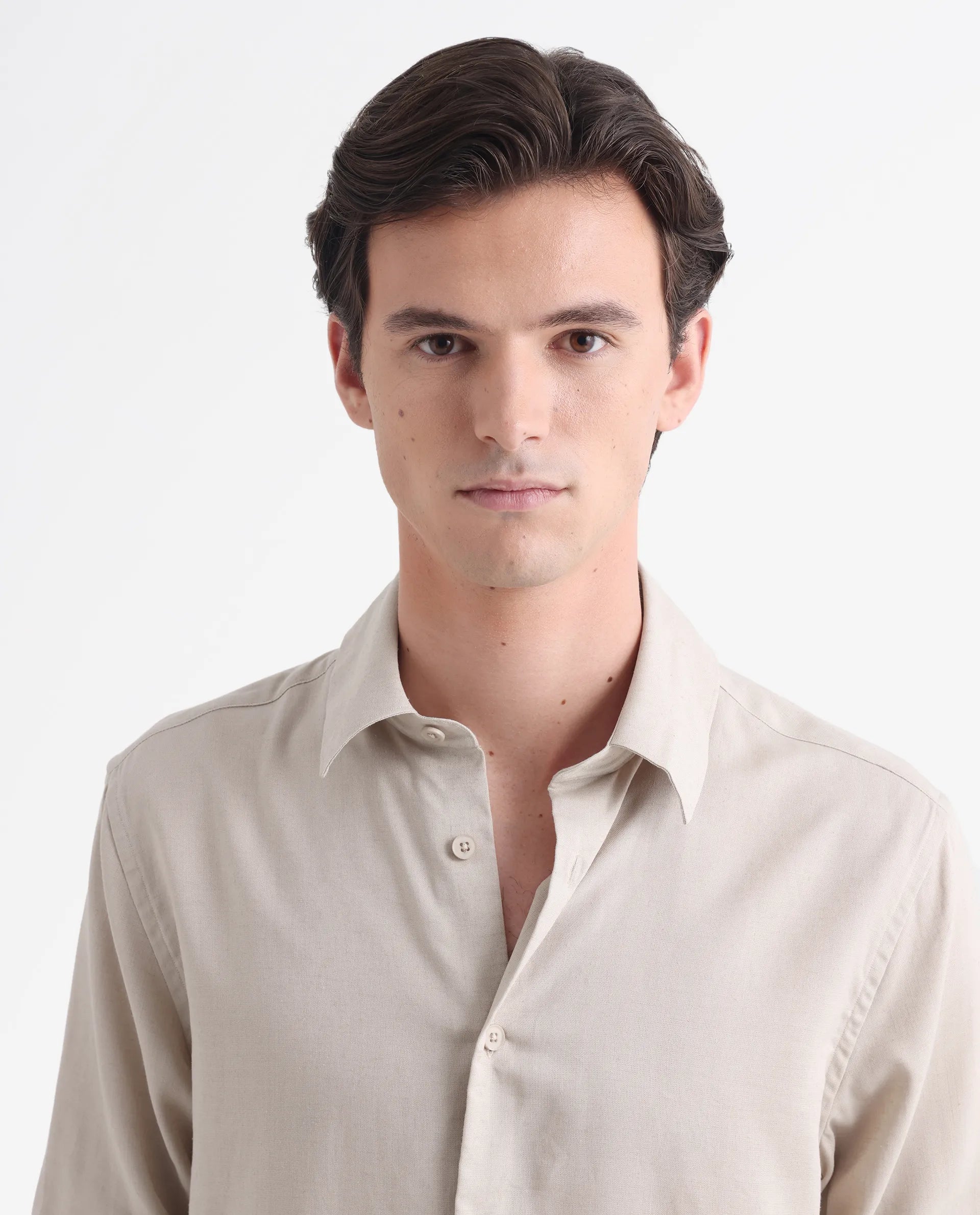 Rare Rabbit Men's Coft Beige Linen Blend Plain Boxy Fit Full Sleeve Collared Shirt