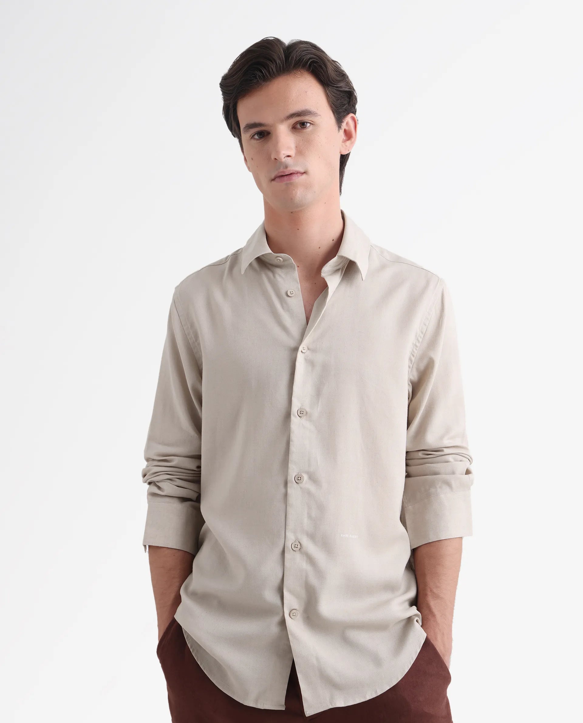 Rare Rabbit Men's Coft Beige Linen Blend Plain Boxy Fit Full Sleeve Collared Shirt