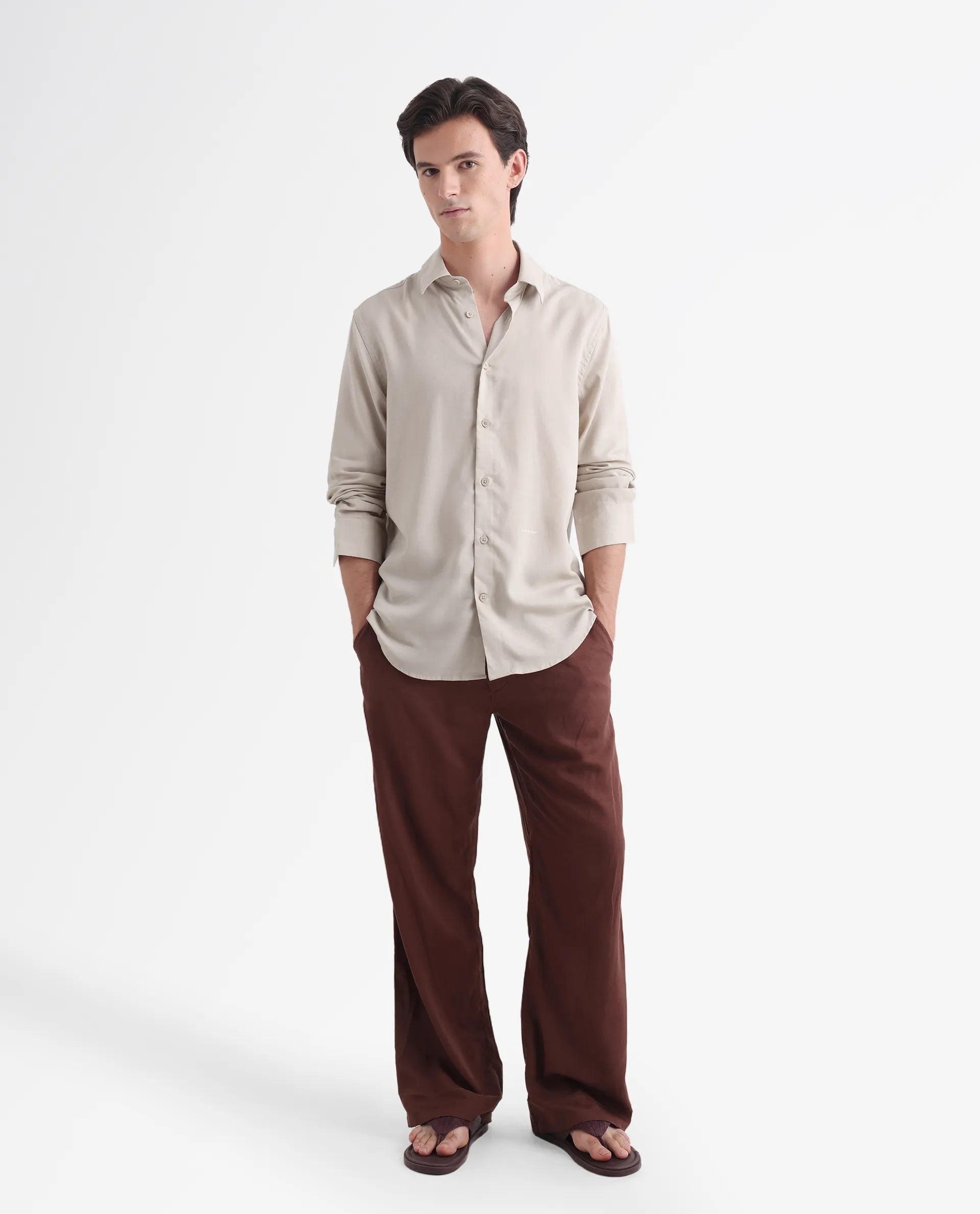 Rare Rabbit Men's Coft Beige Linen Blend Plain Boxy Fit Full Sleeve Collared Shirt