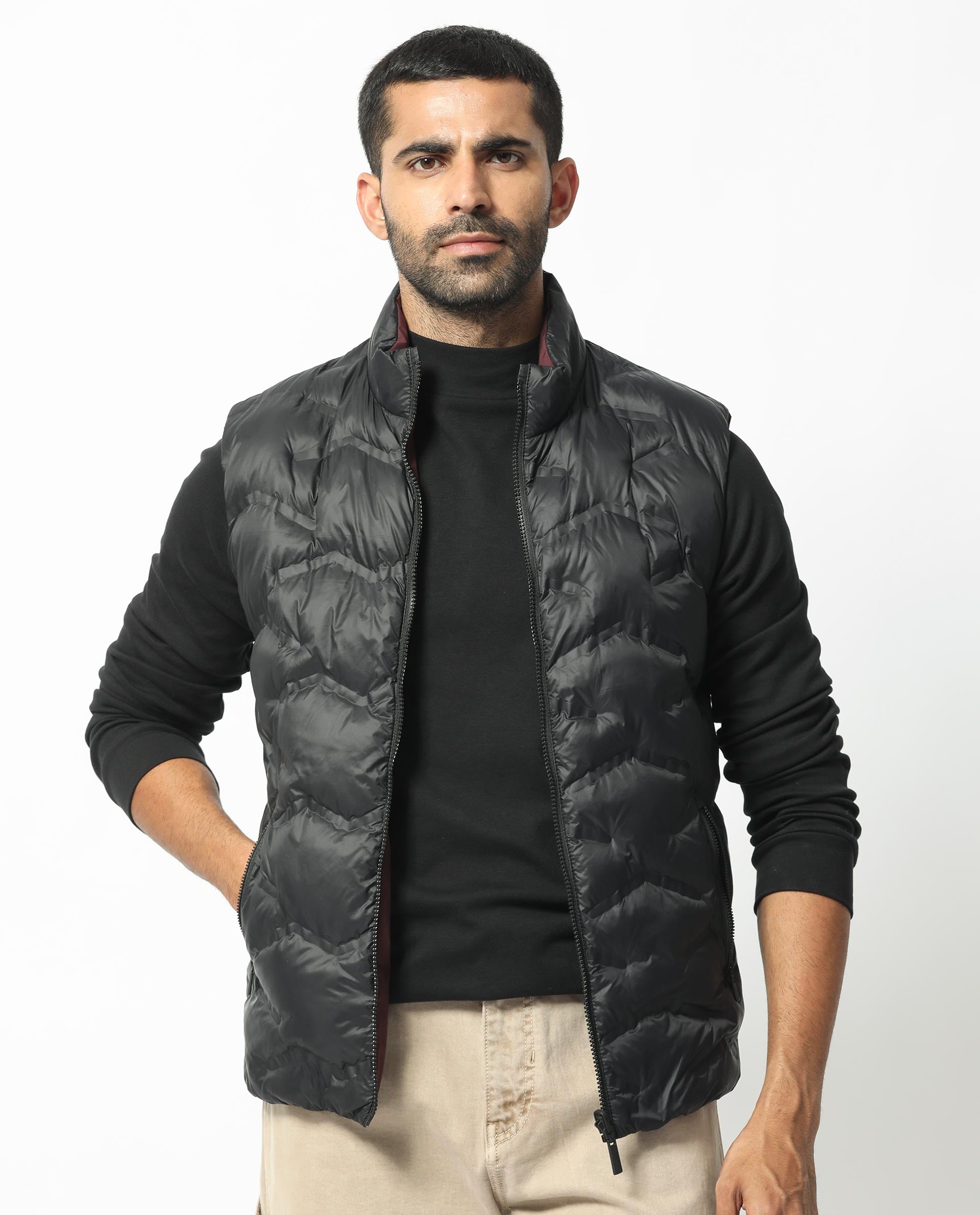 Rare Rabbit Men's Cog Black Polyester Plain Regular Fit Sleeveless High Neck Jacket