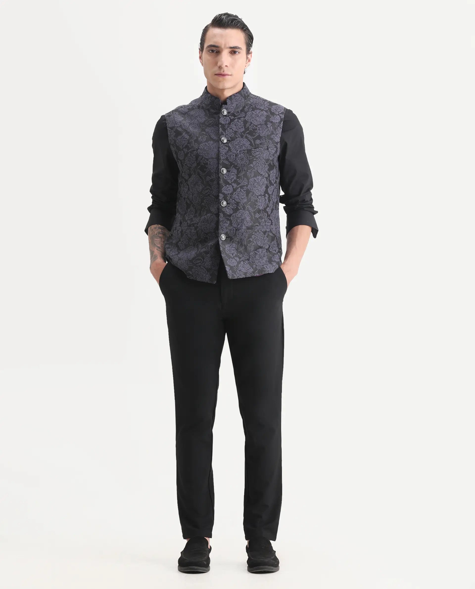 Rare Rabbit Men's Colac Dark Navy Polyester Jacquard Tailored Fit Sleeveless Mandarin Collar Bandhgala