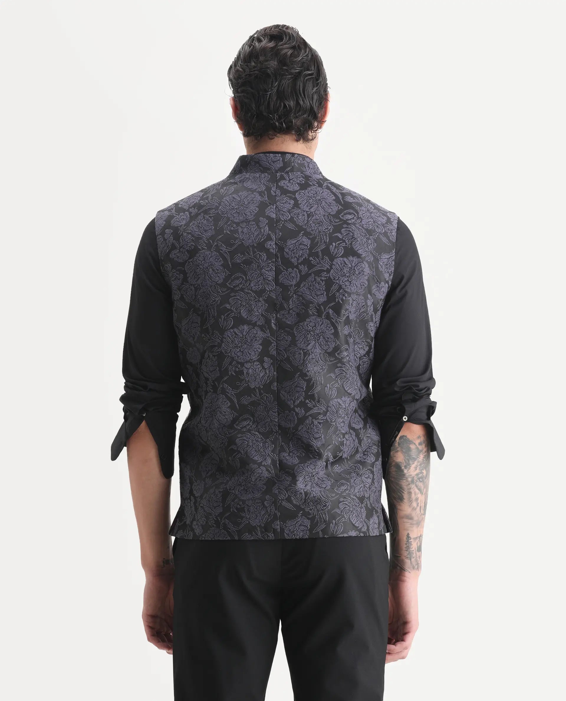 Rare Rabbit Men's Colac Dark Navy Polyester Jacquard Tailored Fit Sleeveless Mandarin Collar Bandhgala